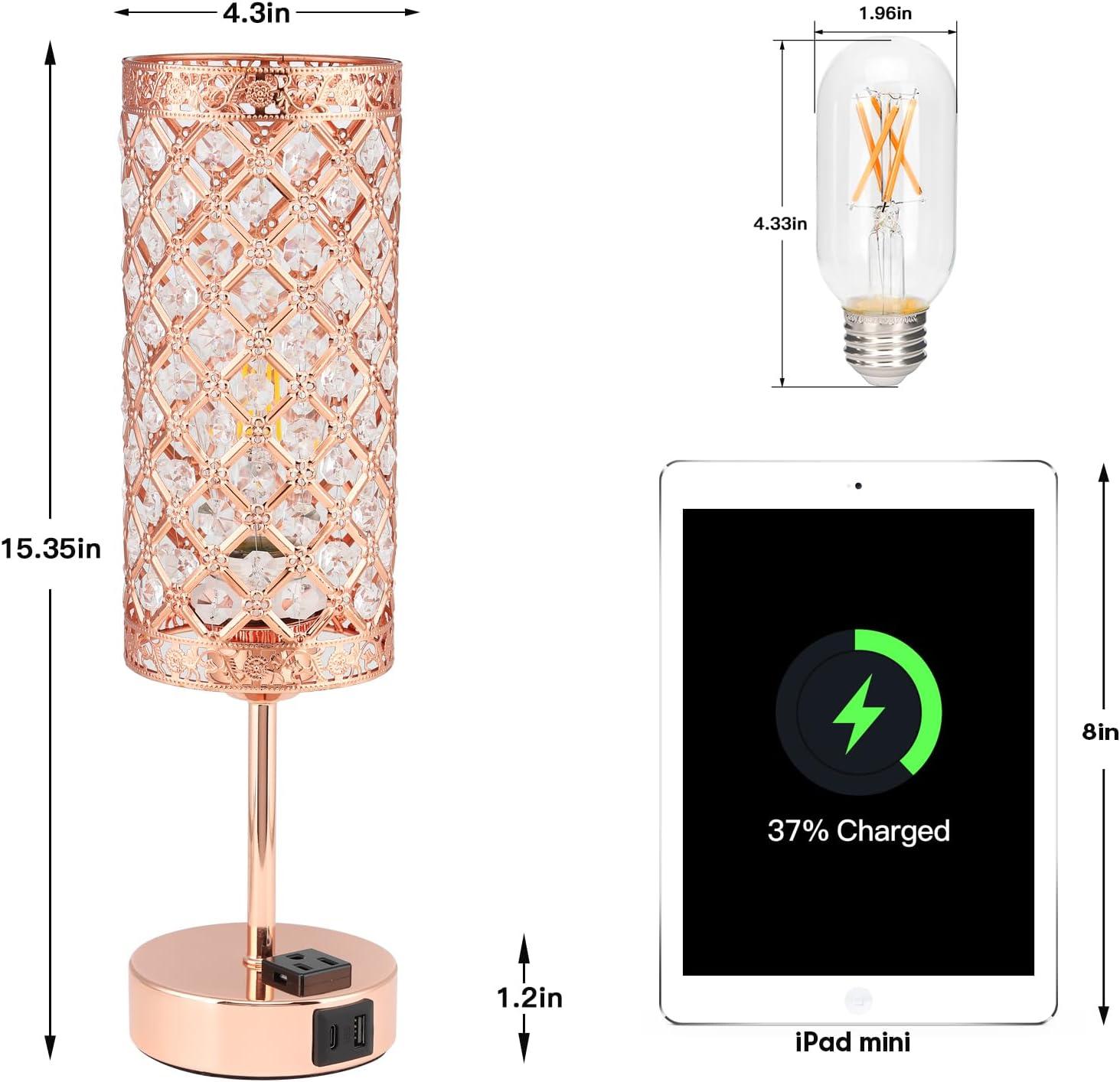 Rose Gold Crystal Touch Table Lamp with USB Ports