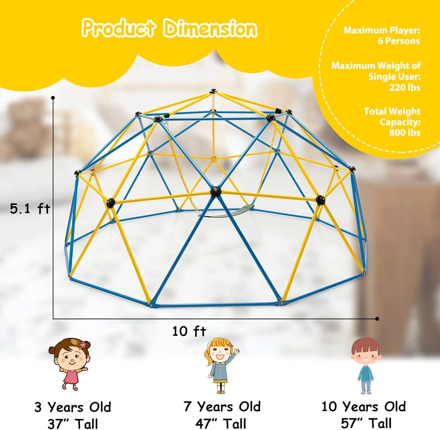 Spaco 10 Feet Kids Dome Climber, Climbing Dome with Swing and 800 Lbs Load Capacity for Garden Yard, Kids Play Equipment for Outdoor, Multicolor