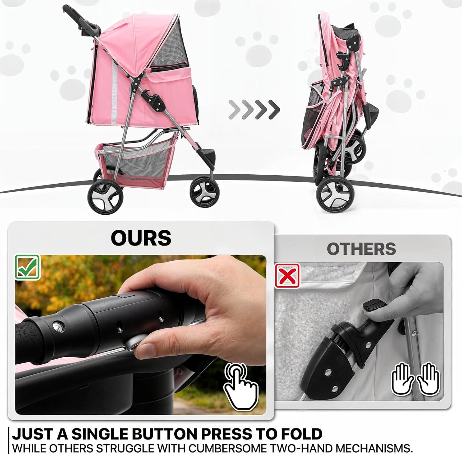 3 Wheel Folding Pet Stroller, Foldable Dog Jogger Stroller with Storage Basket, Cup Holder & Canopy