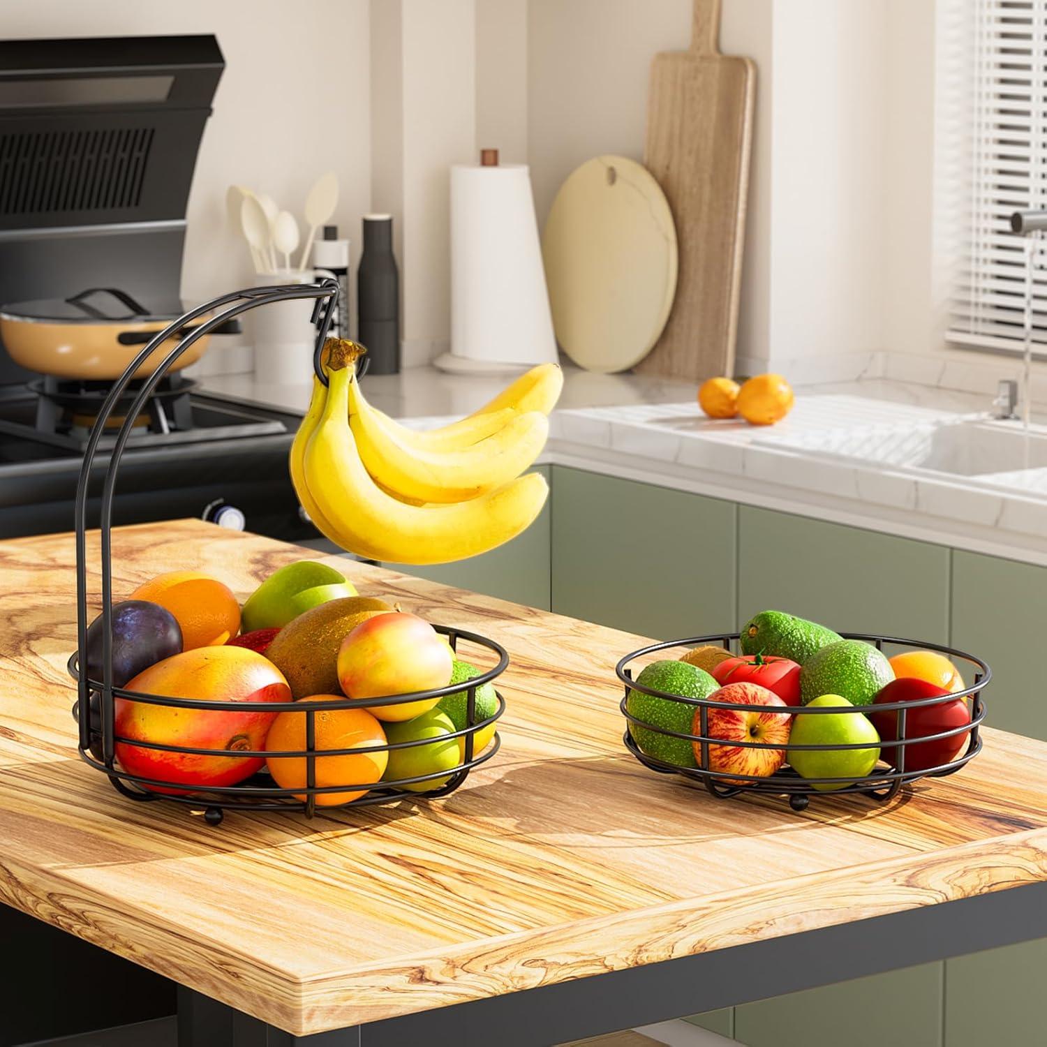 Bextsrack Fruit Basket for Kitchen Countertop, 2-Tier Vegetable Fruit Bowl with Banana Hanger, Black