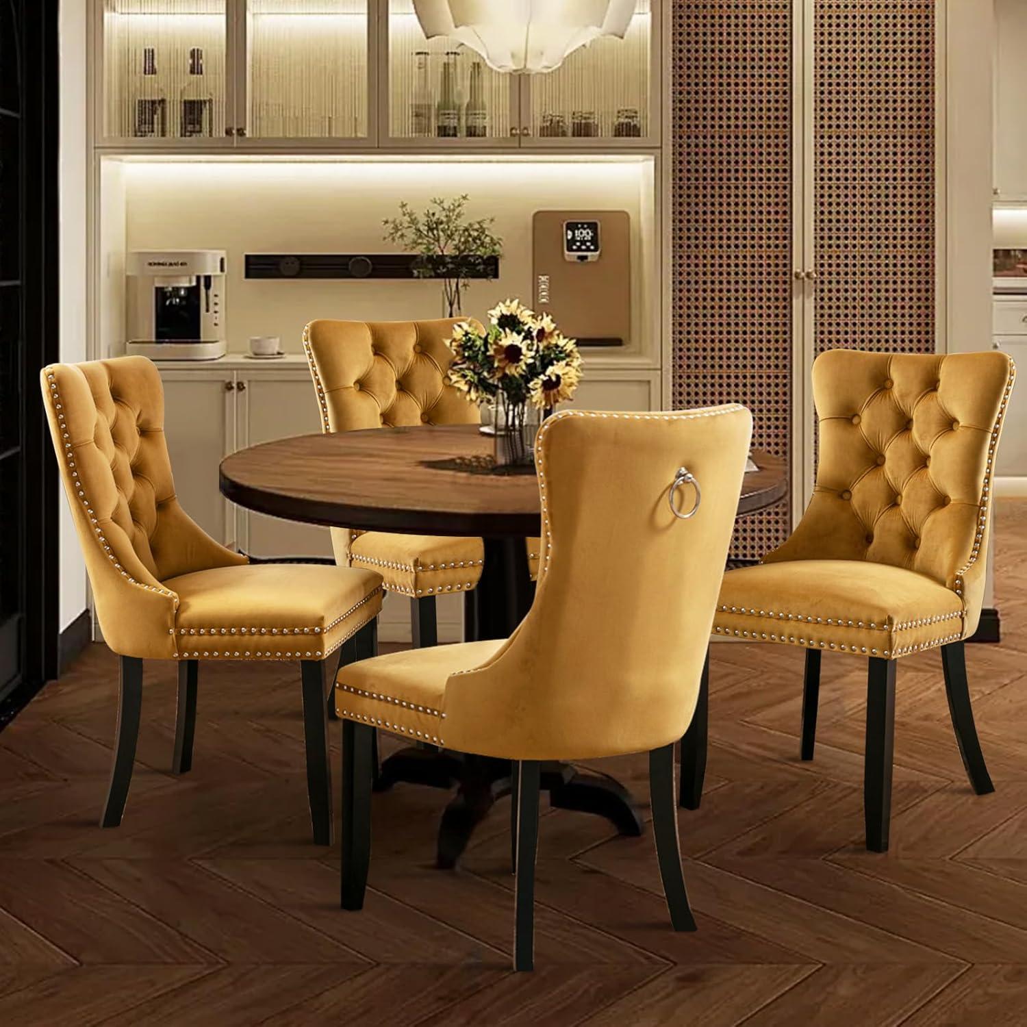 ODUSE-DAILY Yellow Velvet Dining Chairs Set of 4, Kitchen & Dining Room Chairs, Sillas De Comedor, Nailheads Tufted, Fabric Upholstered, Solid Wood (Gold, 4 Pcs)