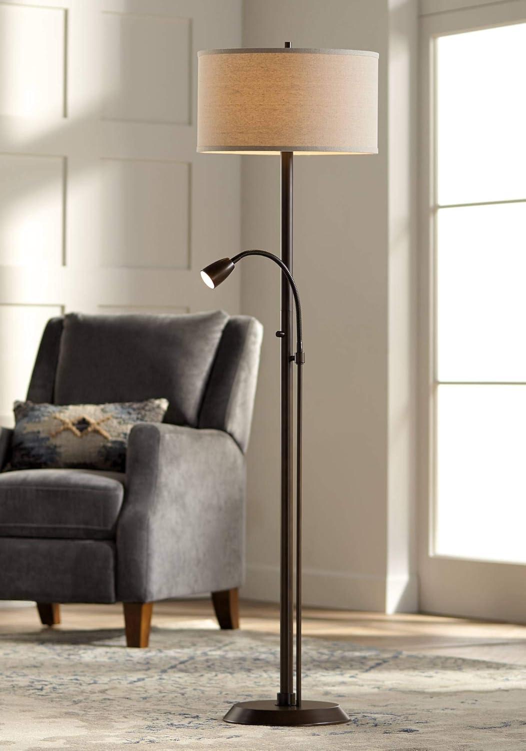 Possini Euro Design Traverse Modern Floor Lamp with LED Gooseneck Reading Light 64" Tall Oil Rubbed Bronze Oatmeal Drum Shade for Living Room Bedroom