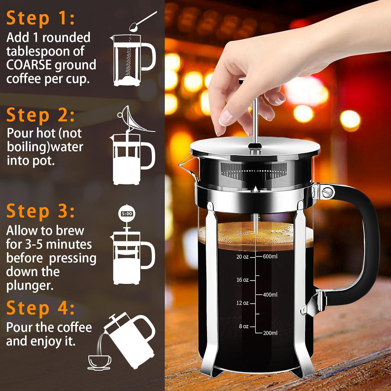 HadinEEon French Press Coffee Maker, 34oz Stainless Steel French Press with 4 Filter, Stainless Steel