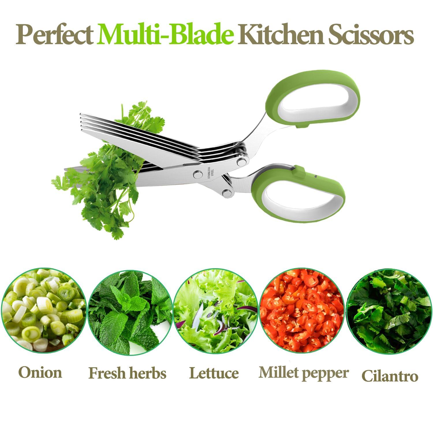 Herb Scissors, Kitchen Herb Shears Cutter with 5 Blades and Cover, Sharp Dishwasher Safe Kitchen Gadget - Green C49