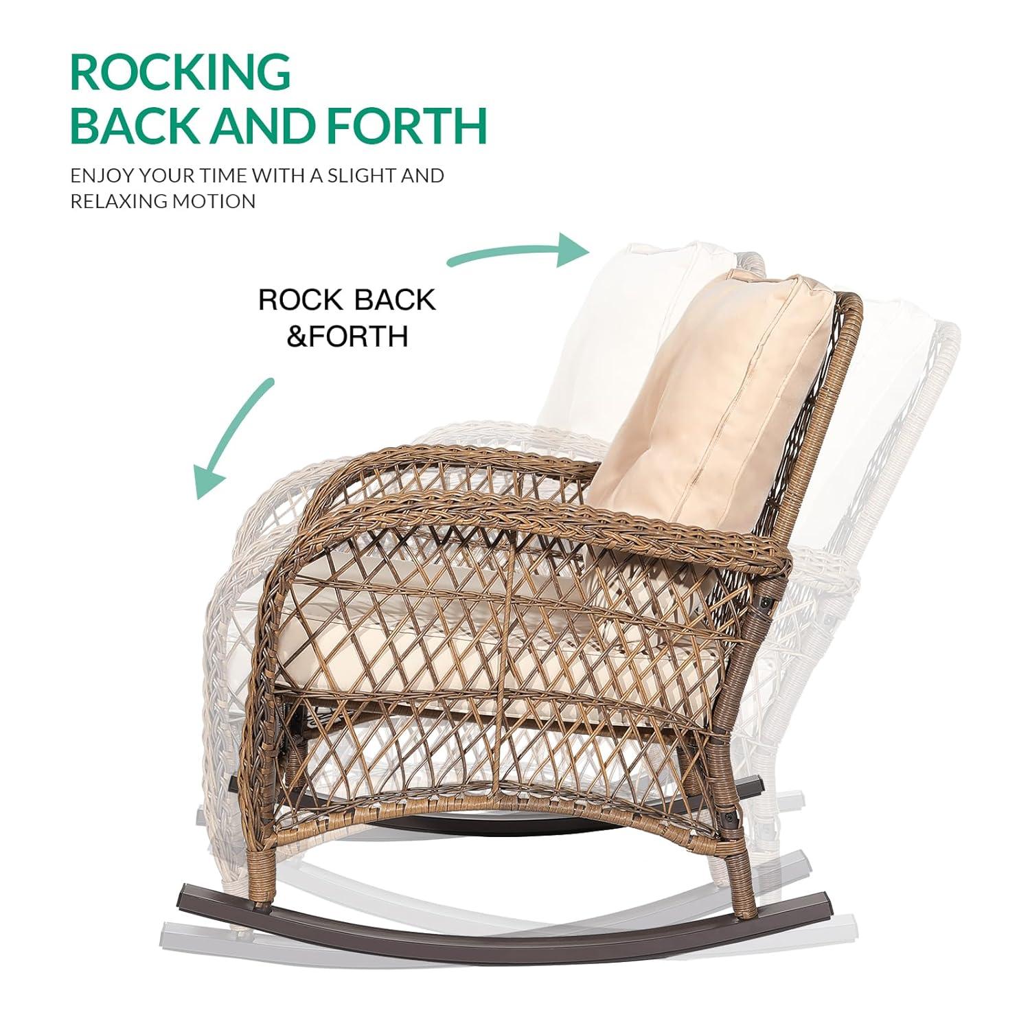VIVIJASON 2 Piece Patio Wicker Rattan Rocker Chair, Outdoor Rattan Rocker Chair with Cushions & Steel Frame, All-Weather Rocking Lawn Wicker Furniture for Garden Backyard Porch (Beige)