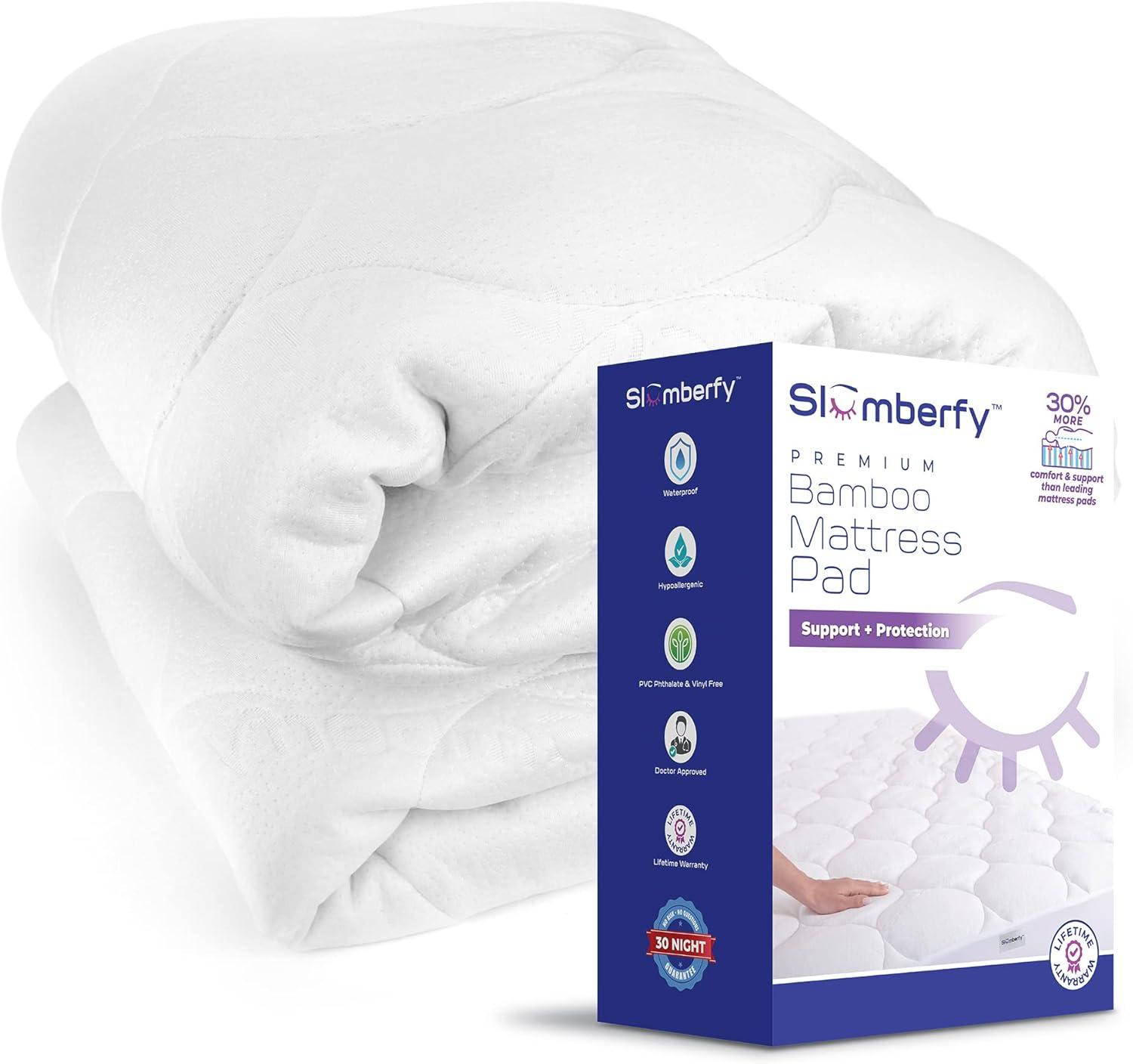 Cal King Size Waterproof Premium Mattress Pad by Slumberfy, Skin-Safe Mattress Pad with Bamboo Topper, All Natural & Breathable Fabric, Quilted, Fitted Bed Cover, Cooling Mattress Topper – 60x80 in.