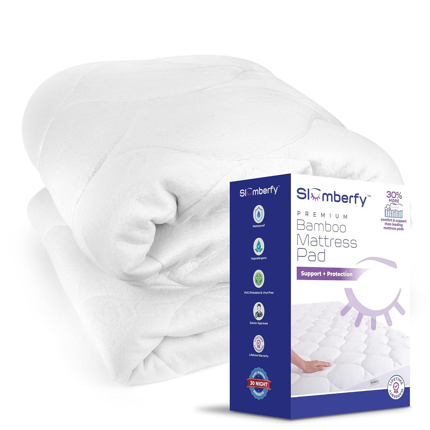 Cal King Size Waterproof Premium Mattress Pad by Slumberfy, Skin-Safe Mattress Pad with Bamboo Topper, All Natural & Breathable Fabric, Quilted, Fitted Bed Cover, Cooling Mattress Topper – 60x80 in.