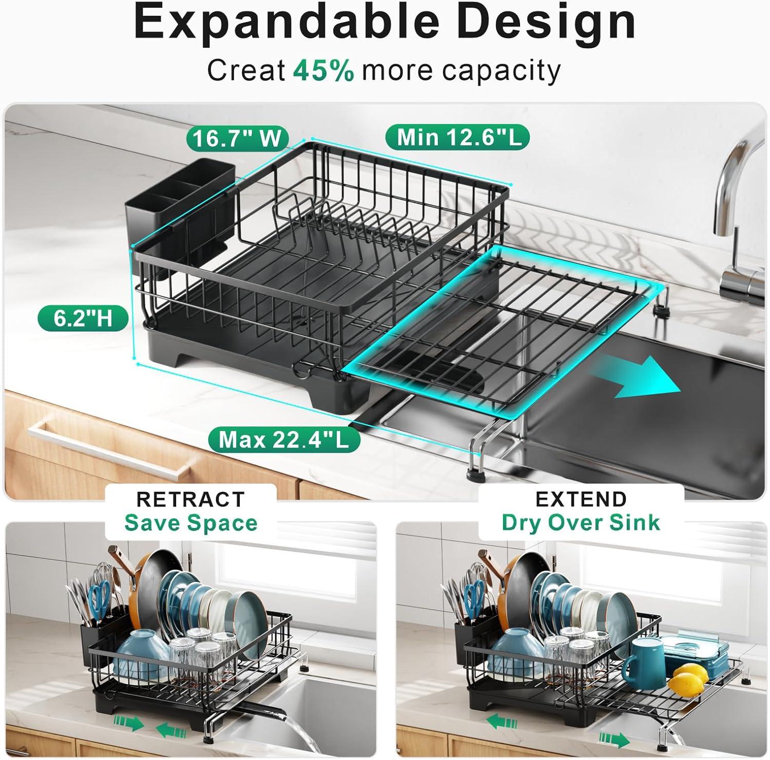 Dish Drying Rack - Expandable Dish Rack for Kitchen Counter, Stainless Steel Dish Drainer with Drainboard Set and Utensil Holder, Sink Drying Dish Strainer Rack (Black)