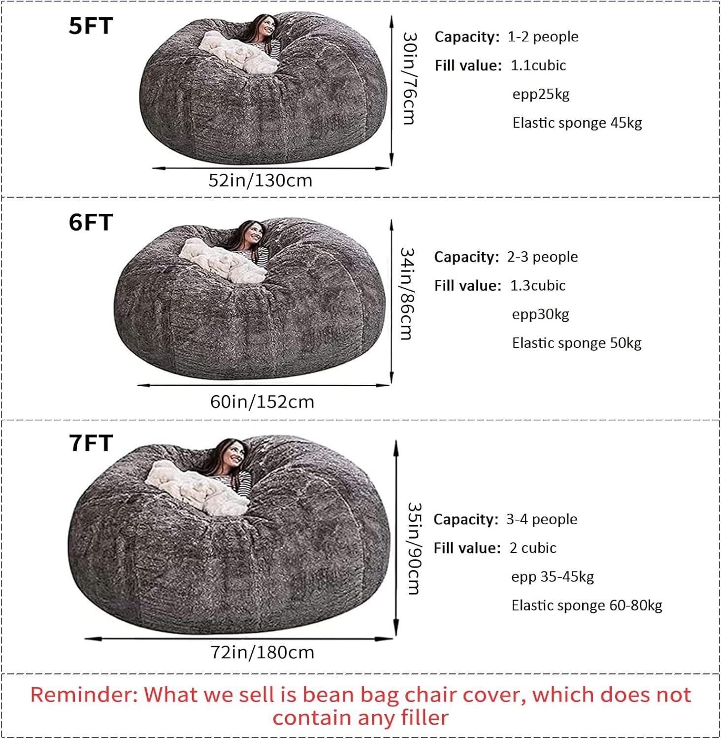 Gray 6FT Giant Soft Bean Bag Chair with Removable Cover