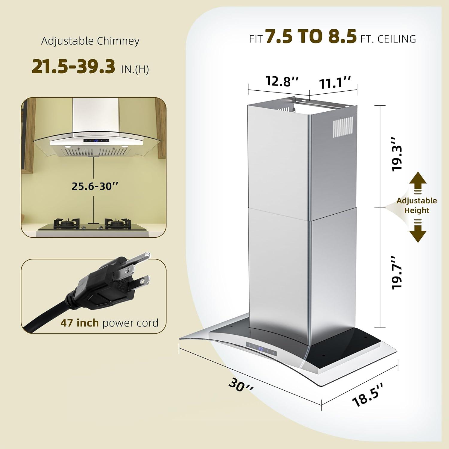 FIREGAS 30 inch Wall Mount Range Hood 600CFM with Ducted Exhaust Vent,3 Speed Fan,Soft Touch Controls,LED Lights,Permanent Filters in Stainless Steel,includes Charcoal Filter