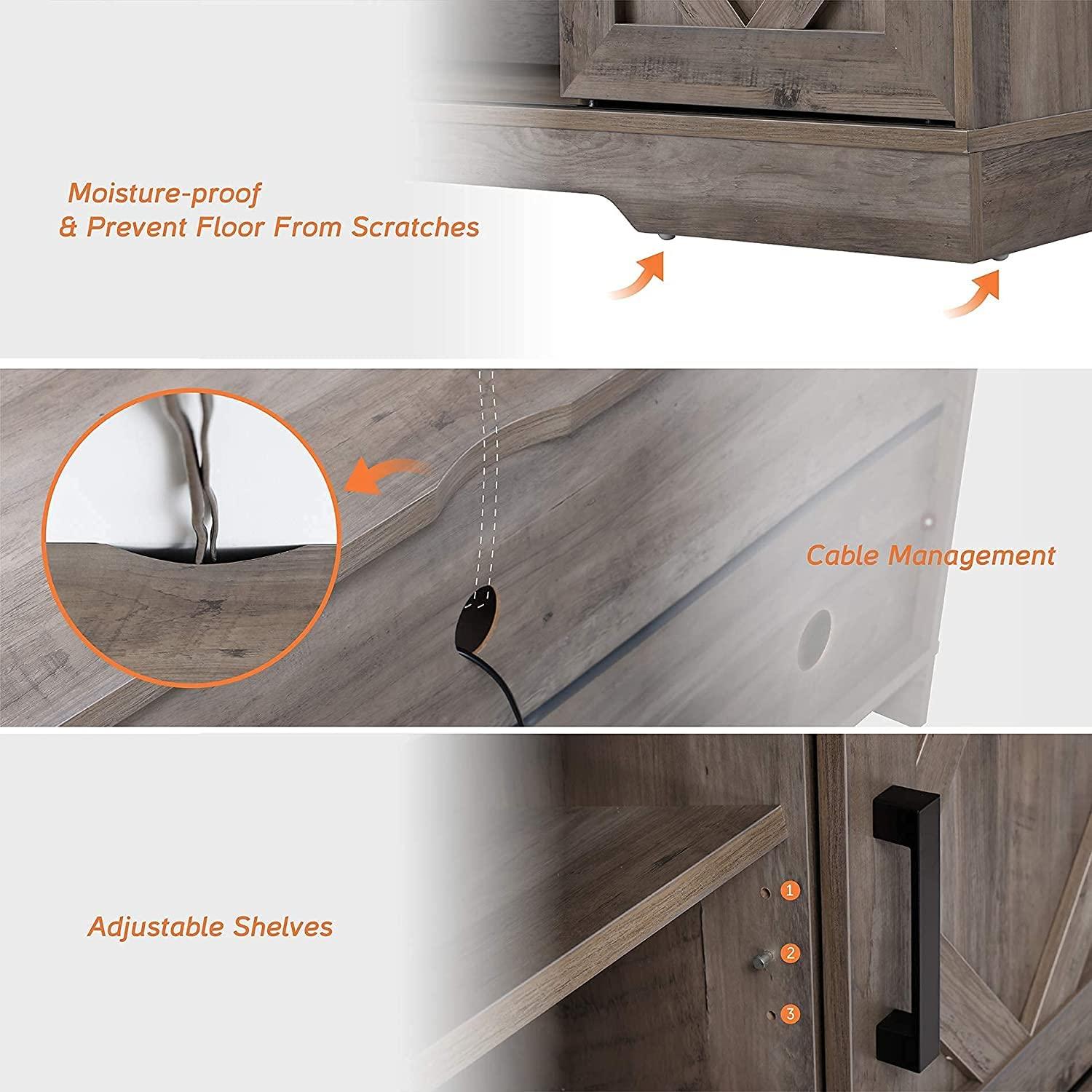 WAMPAT Farmhouse Sliding Barn Door TV Stand and Coffee Table Set of 2,Modern Storage Entertainment Center for TVs Up to 65'', Square Wood Center Table with Gas Struts Lift-Top for Living Room,Grey