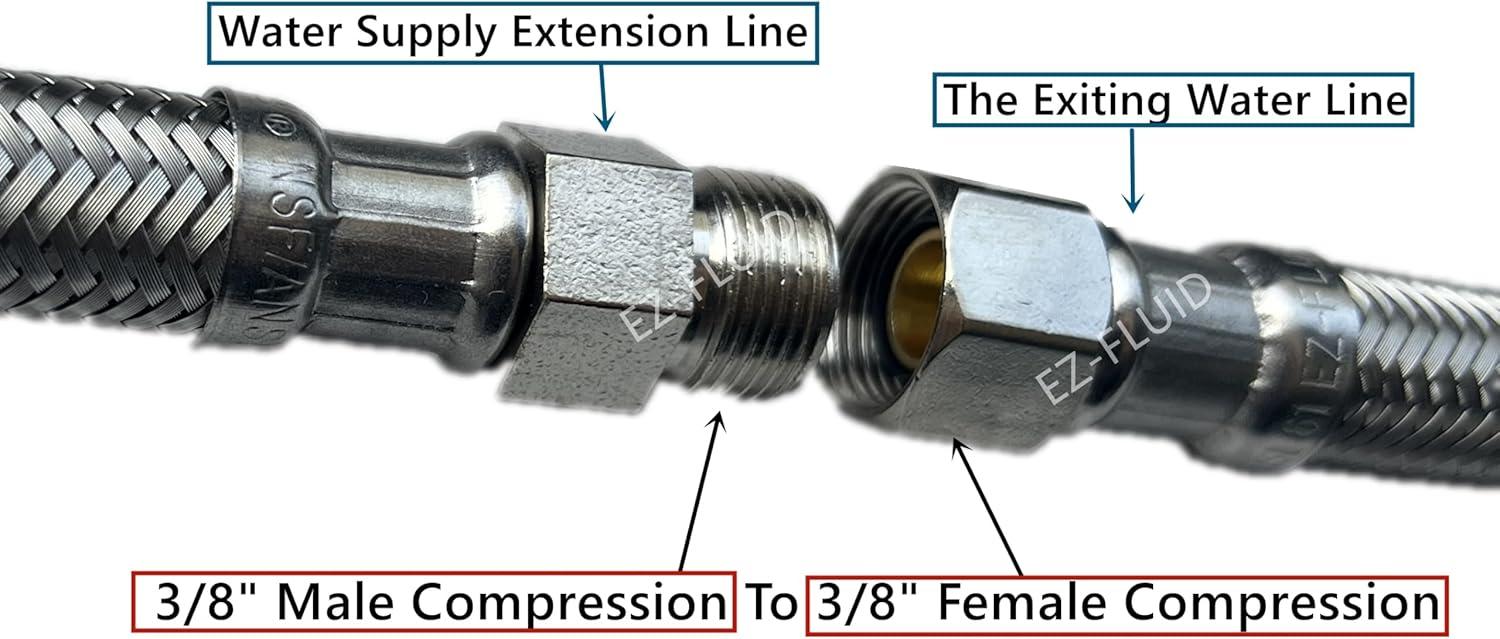 12" Faucet Supply Line Extension, 3/8" Male Comp x 3/8" Female Comp Stainless Steel Faucet Extension Hose Connector for Large Sink Longer Distance Extention, 1 Pack