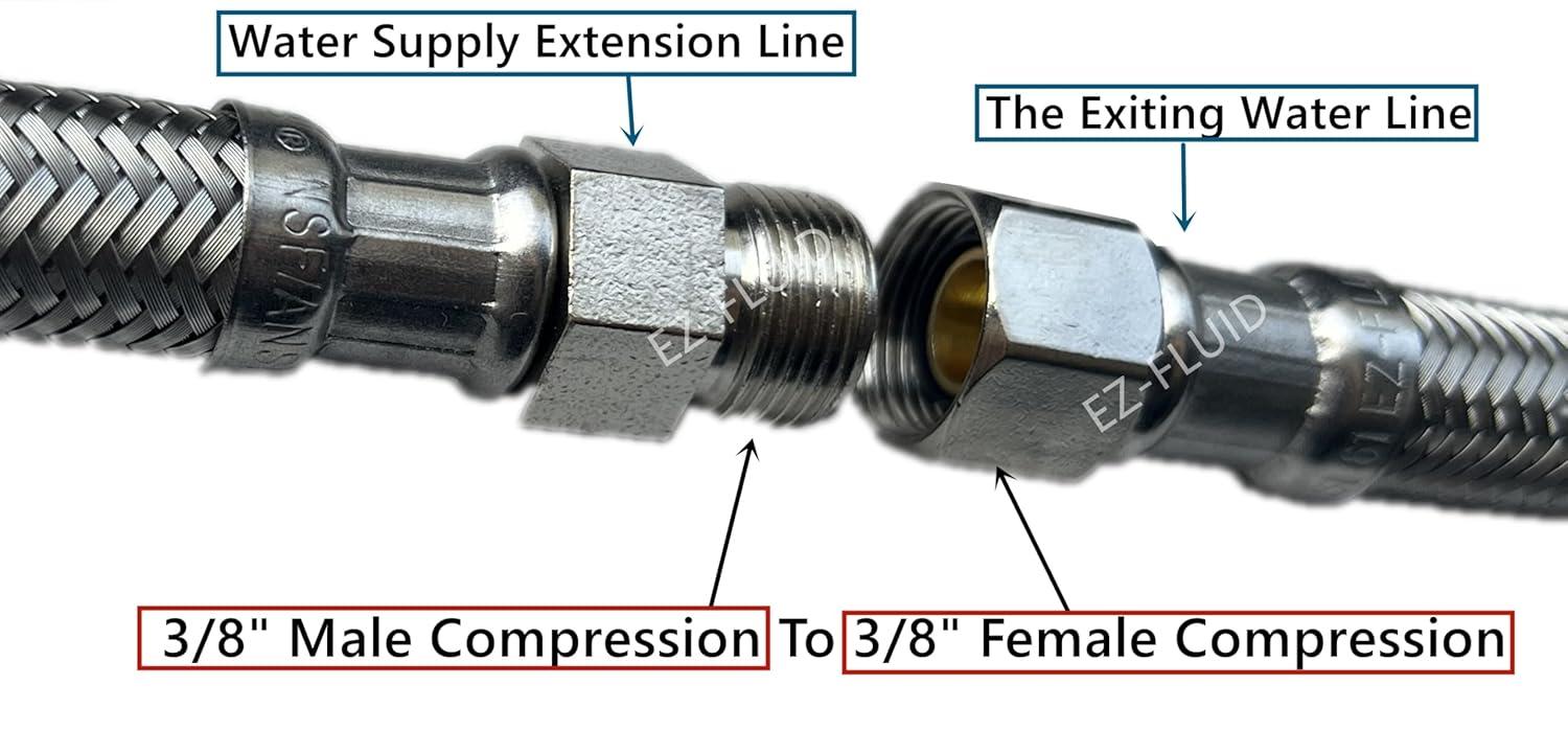 12" Faucet Supply Line Extension, 3/8" Male Comp x 3/8" Female Comp Stainless Steel Faucet Extension Hose Connector for Large Sink Longer Distance Extention, 1 Pack