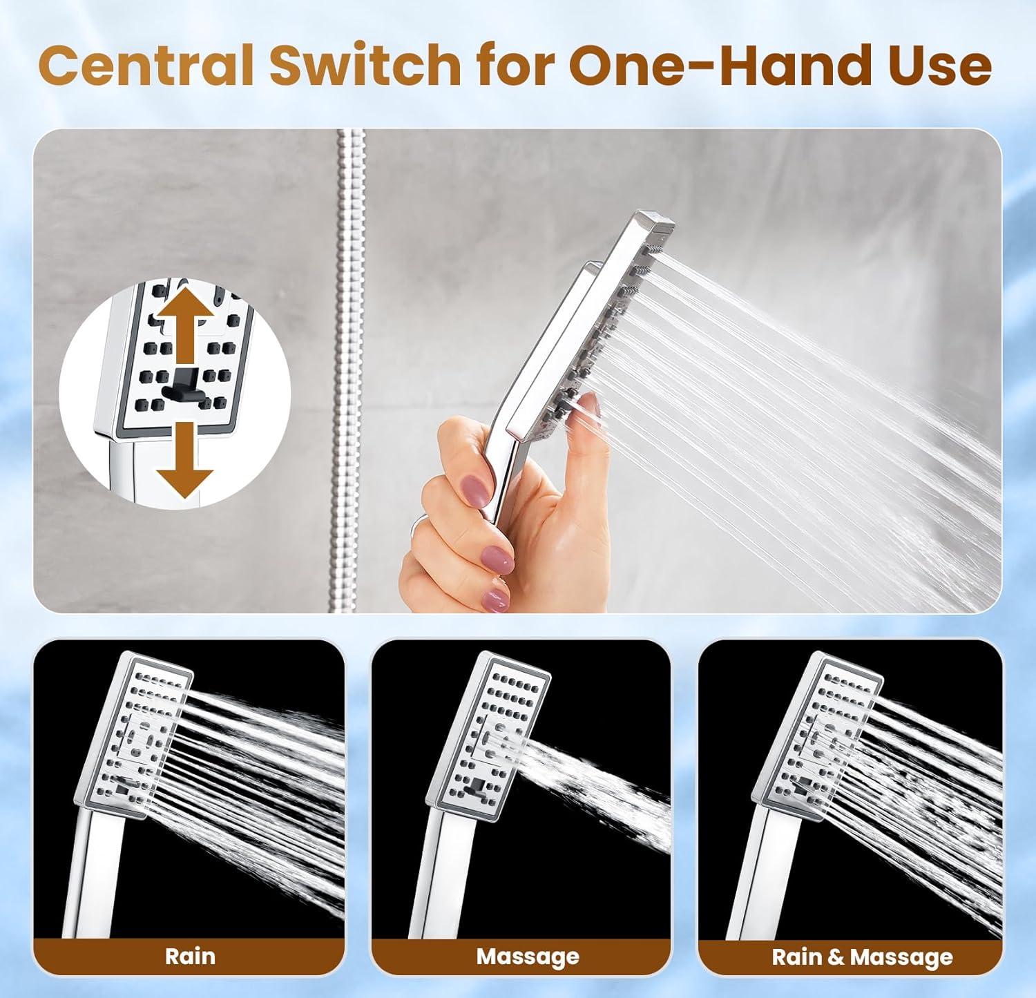 BRIGHT SHOWERS Rain Shower Head Combo, 8" Rainfall Shower with Handheld Spray, 60" Hose, 3-Way Diverter, Wall Bracket, Chrome