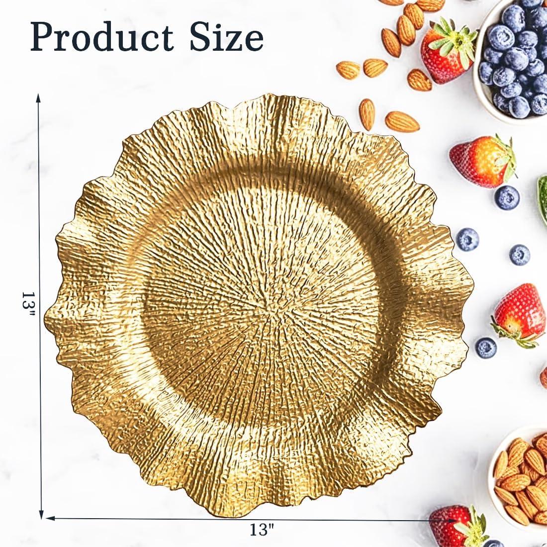 Craft and Party Charger Plate, 6 pcs 13" Round Gold Plastic Reef Charger Plate For Weddings And Elegant Settings With A Metallic Finish