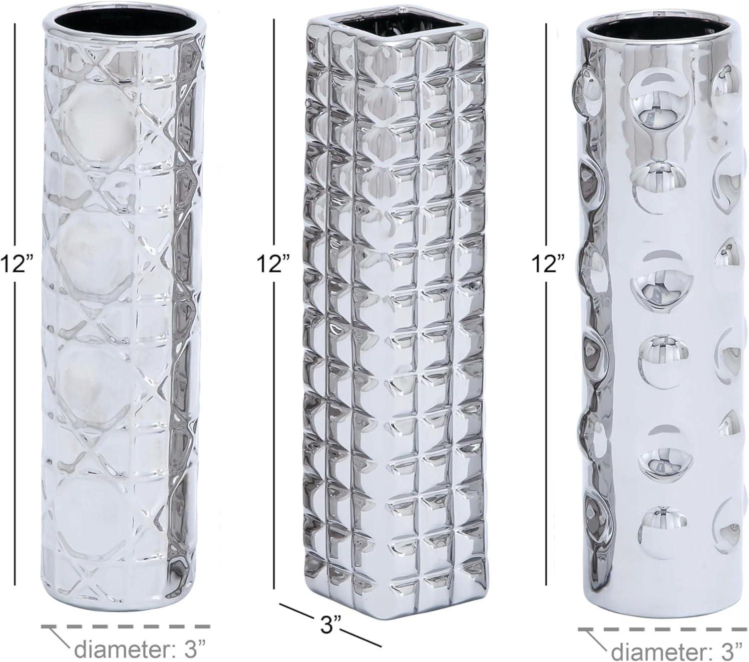 DecMode 4"W, 12"H Silver Ceramic Vase with Varying Patterns, Set of 3