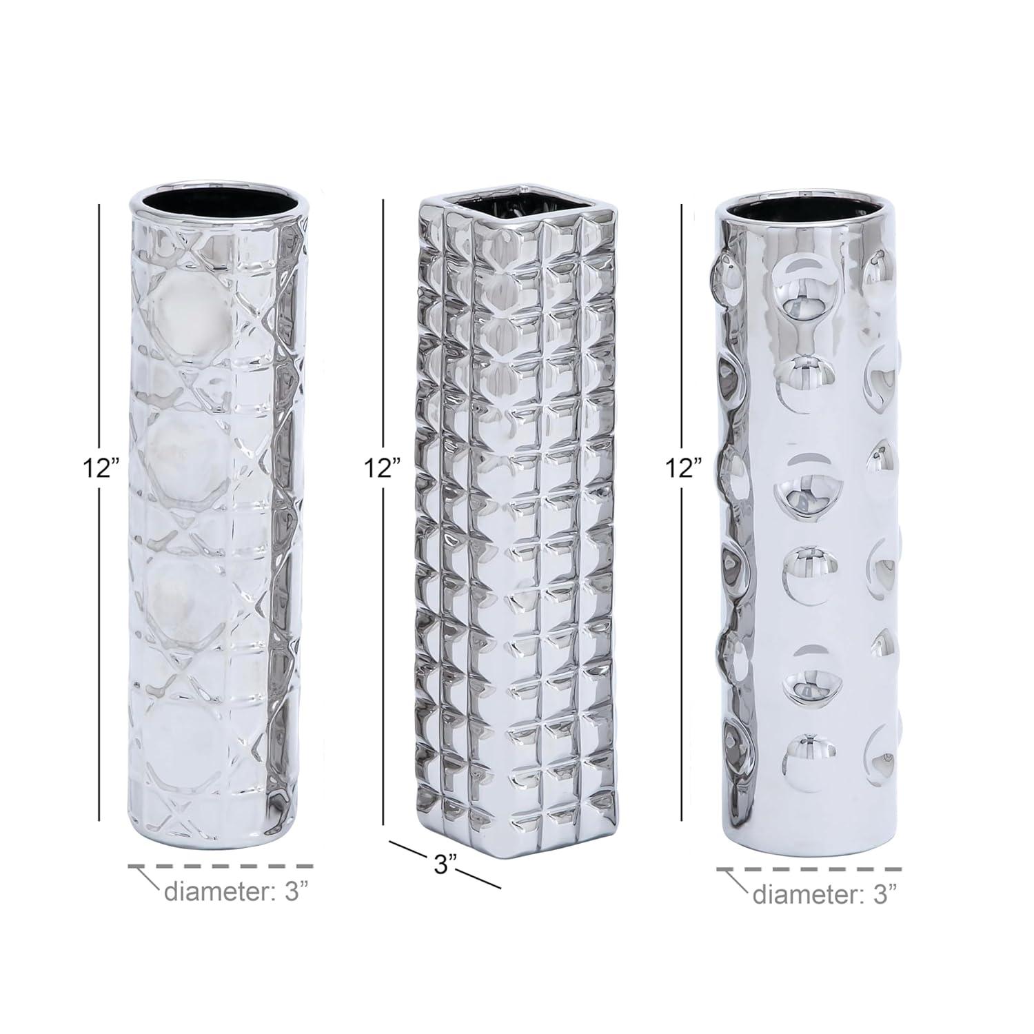 DecMode 4"W, 12"H Silver Ceramic Vase with Varying Patterns, Set of 3