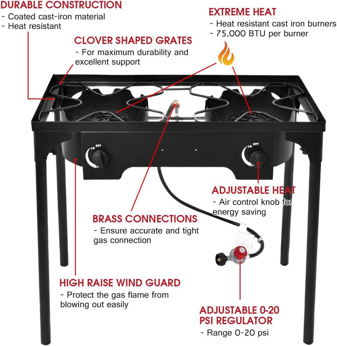 GLACER Outdoor Stove, High Pressure Double Burner Stove Propane Gas Camp Stove, 150,000BTU Portable Gas Cooker Camping Cooking Stove w/Adjustable Regulator and Stand