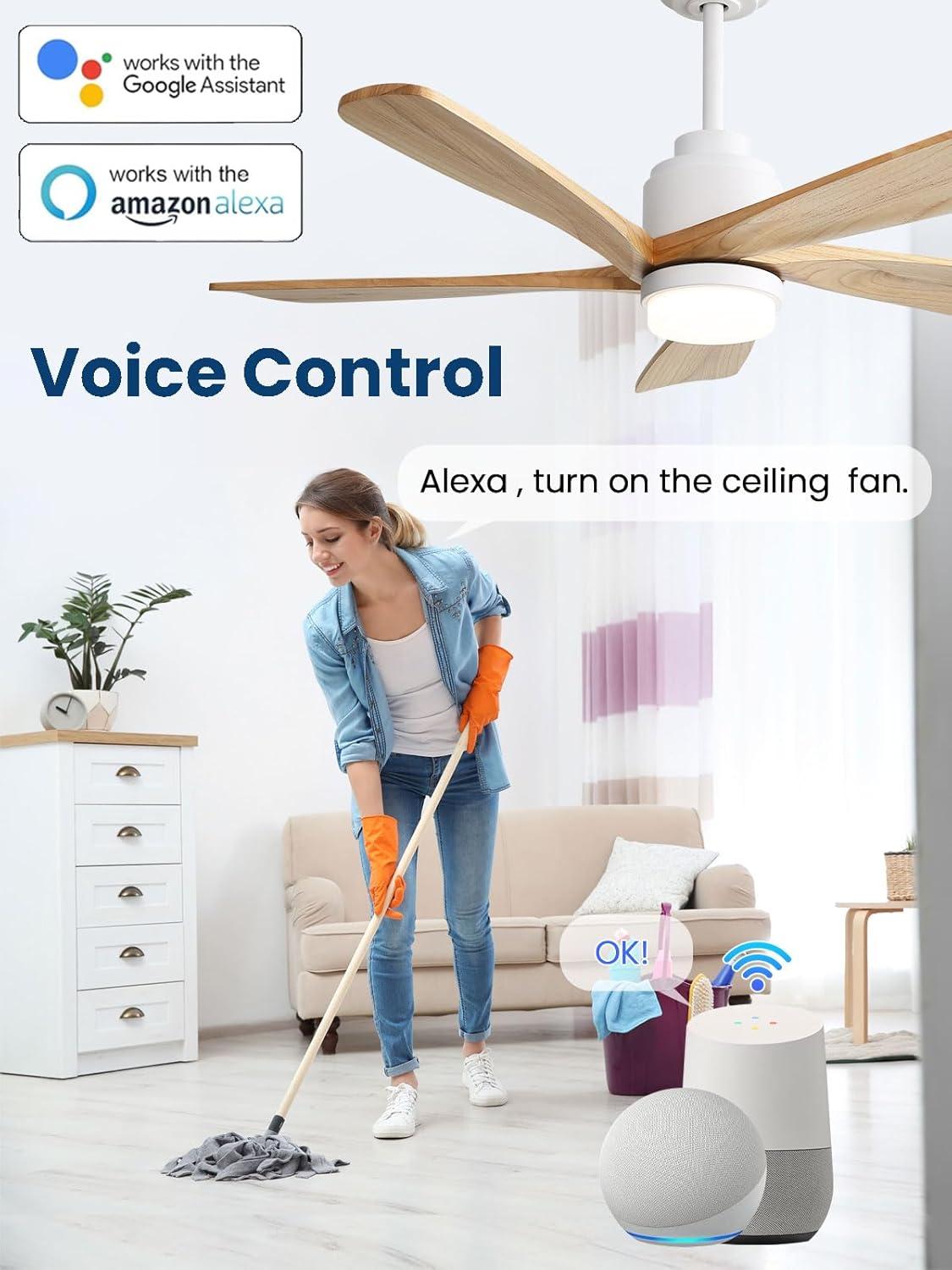 Sofucor 52" 5-Solid Blade Smart Modern Ceiling Fan with LED Light，Remote