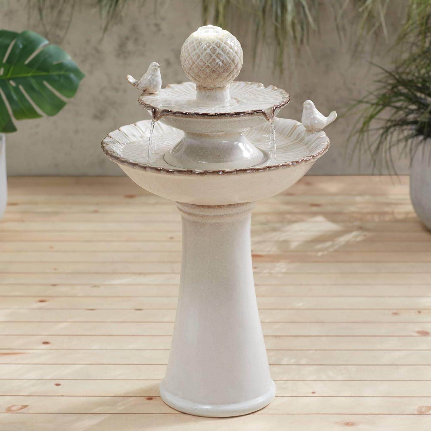 Cream Ceramic 2-Tier LED Outdoor Floor Fountain with Bird Statuette