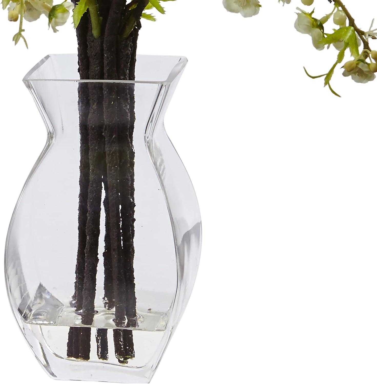 Cherry Blossom in Glass Vase White - Nearly Natural: Silk Faux Plant, Acrylic & Iron Wire Accents