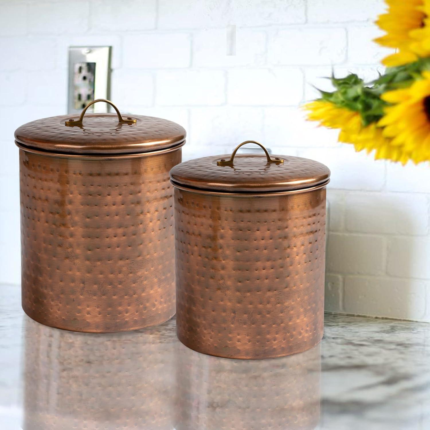 nu steel Hammered Antique Copper Stainless Steel 4pc Canister Set, Beautiful Food Storage Container for Kitchen Counter, Tea, Sugar, Coffee, Caddy, Flour Canister with Rubber seal lid, TG-1843AC-SET4