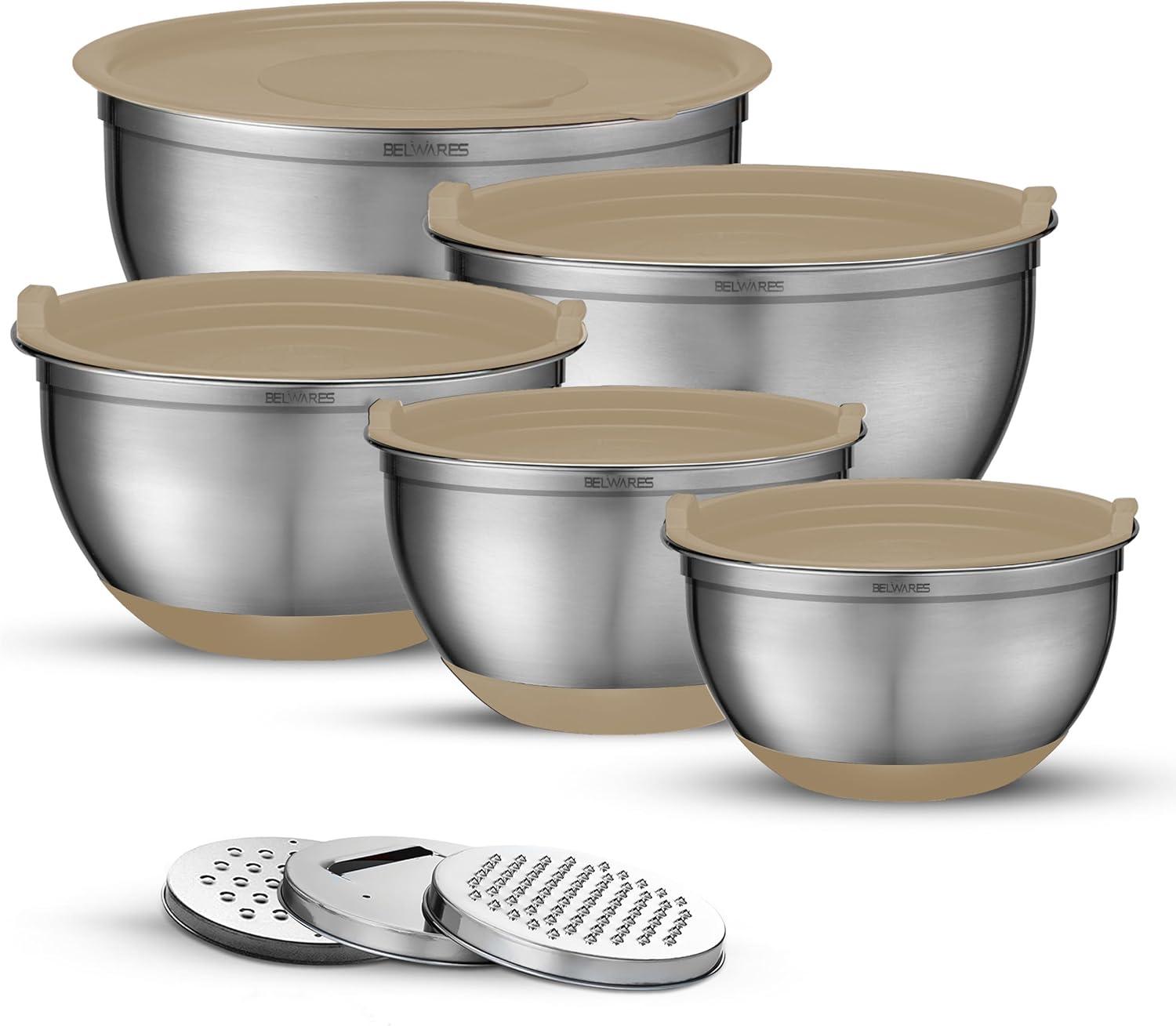 Khaki Stainless Steel Nesting Mixing Bowls with Lids Set of 5