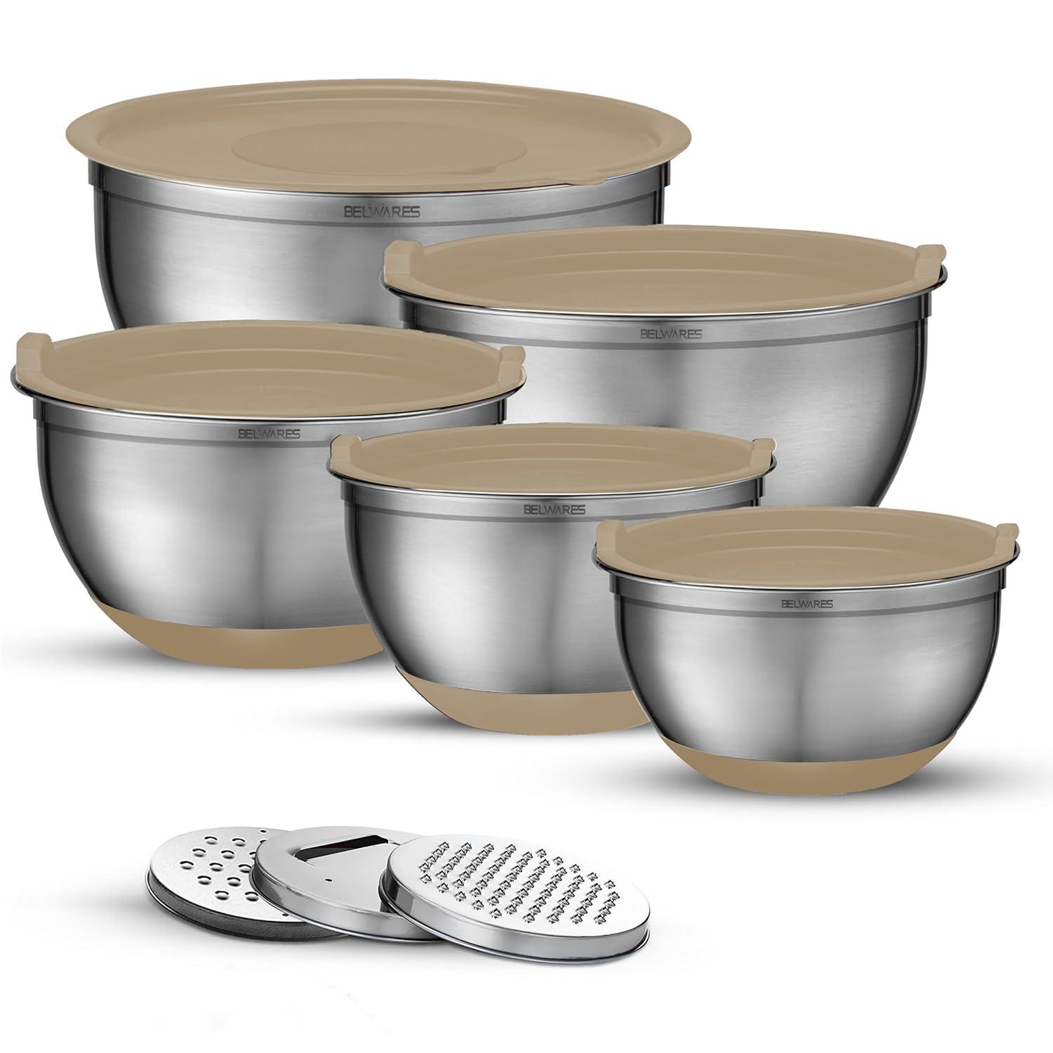 Toledo Bath & Kitchen Stainless Steel Mixing Bowls With Lids, 5-Pack Metal Nesting Bowls With Airtight Covers For Cooking, Baking, Serving, Storage, Non-Toxic & Dishwasher Safe, Size 4.6/3/1.5/1/0.7QT - Khaki