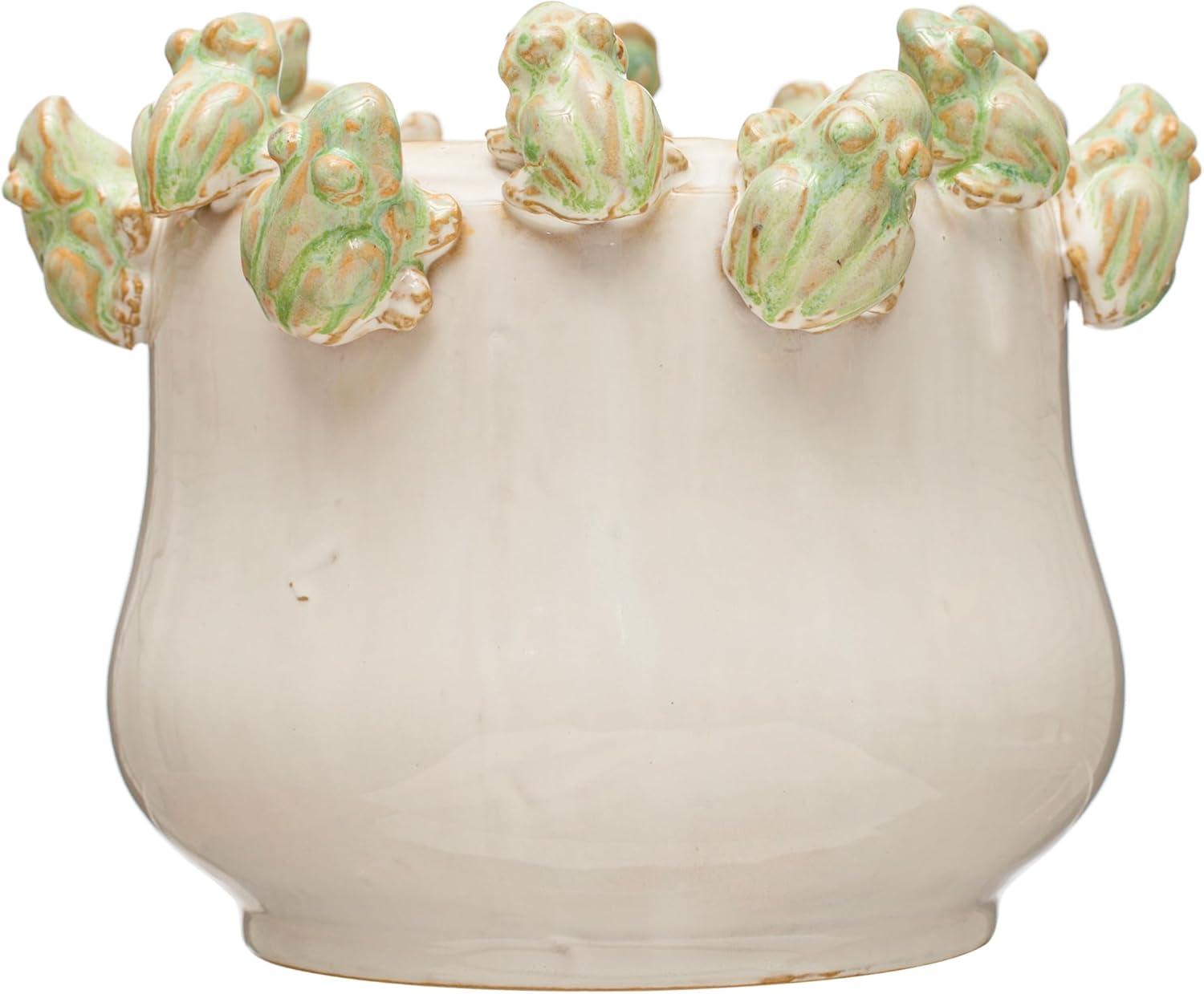 Creative Co-Op Decorative Stoneware Planter with Frog Figurine Rim, White and Green