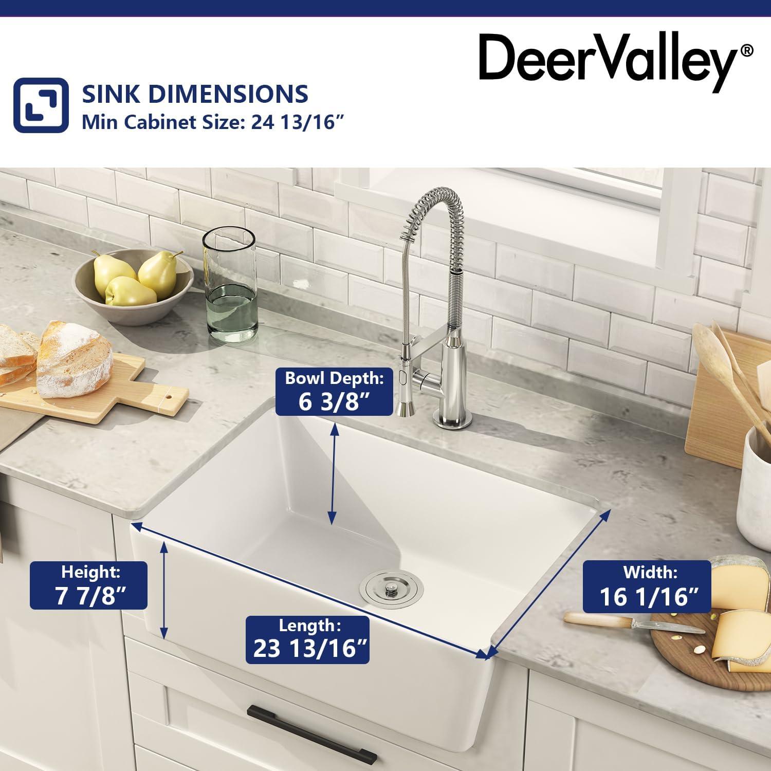 Deer Valley Fireclay Farmhouse Sink 24 Inch, White Undermount Kitchen Sink, Apron-Front Large Deep Single Bowl with Bottom Grid & Strainer