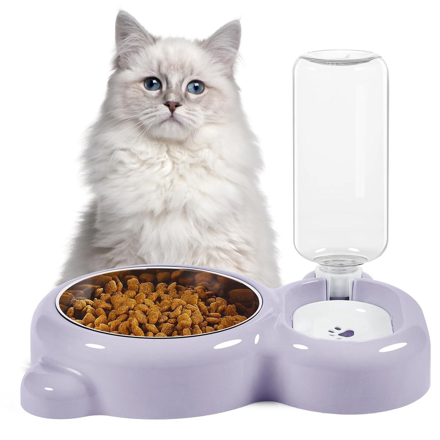 Dog Bowls, Cat Food and Water Bowl Set with Water Dispenser and Stainless Steel Bowl for Cats and Small Dogs - Purple