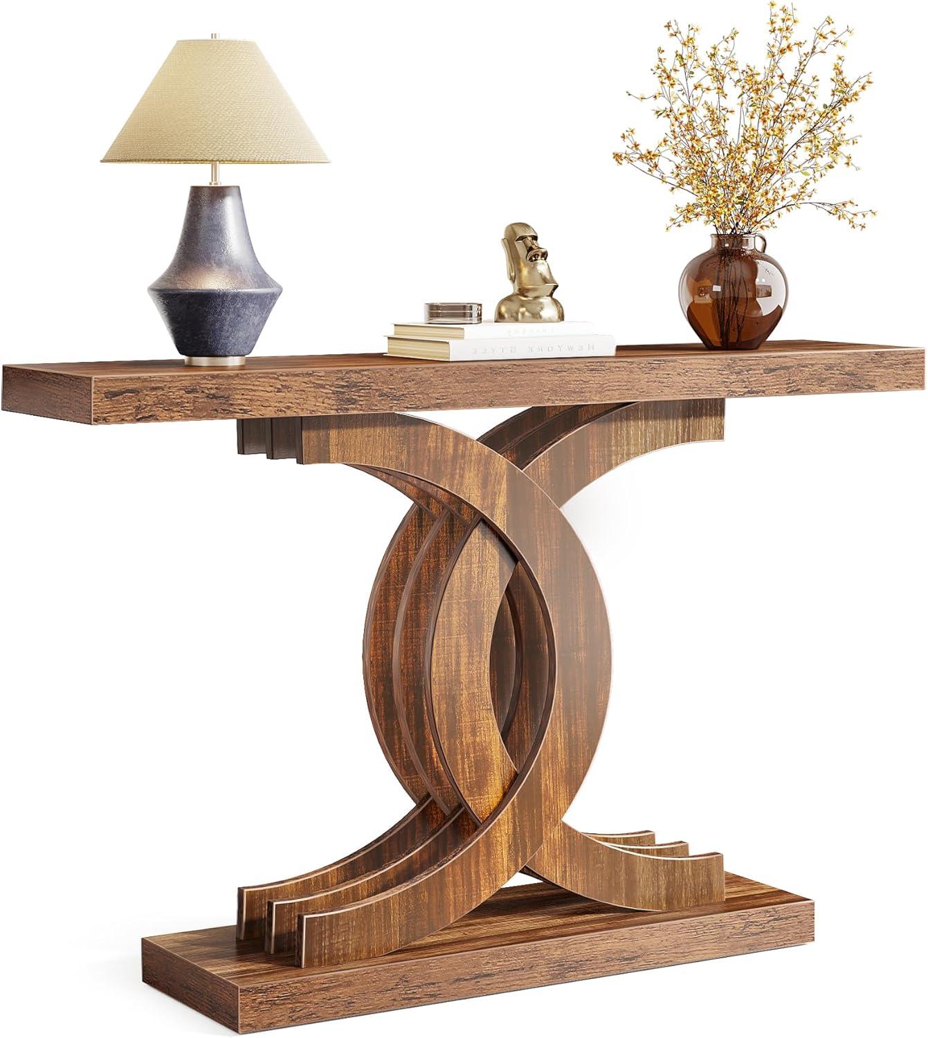 Tribesigns Modern 39-inch Console Tables, Farmhouse Entryway Table with Geometric Base, Wooden Narrow Hallway Table/Sofa Table for Living Room, Brown