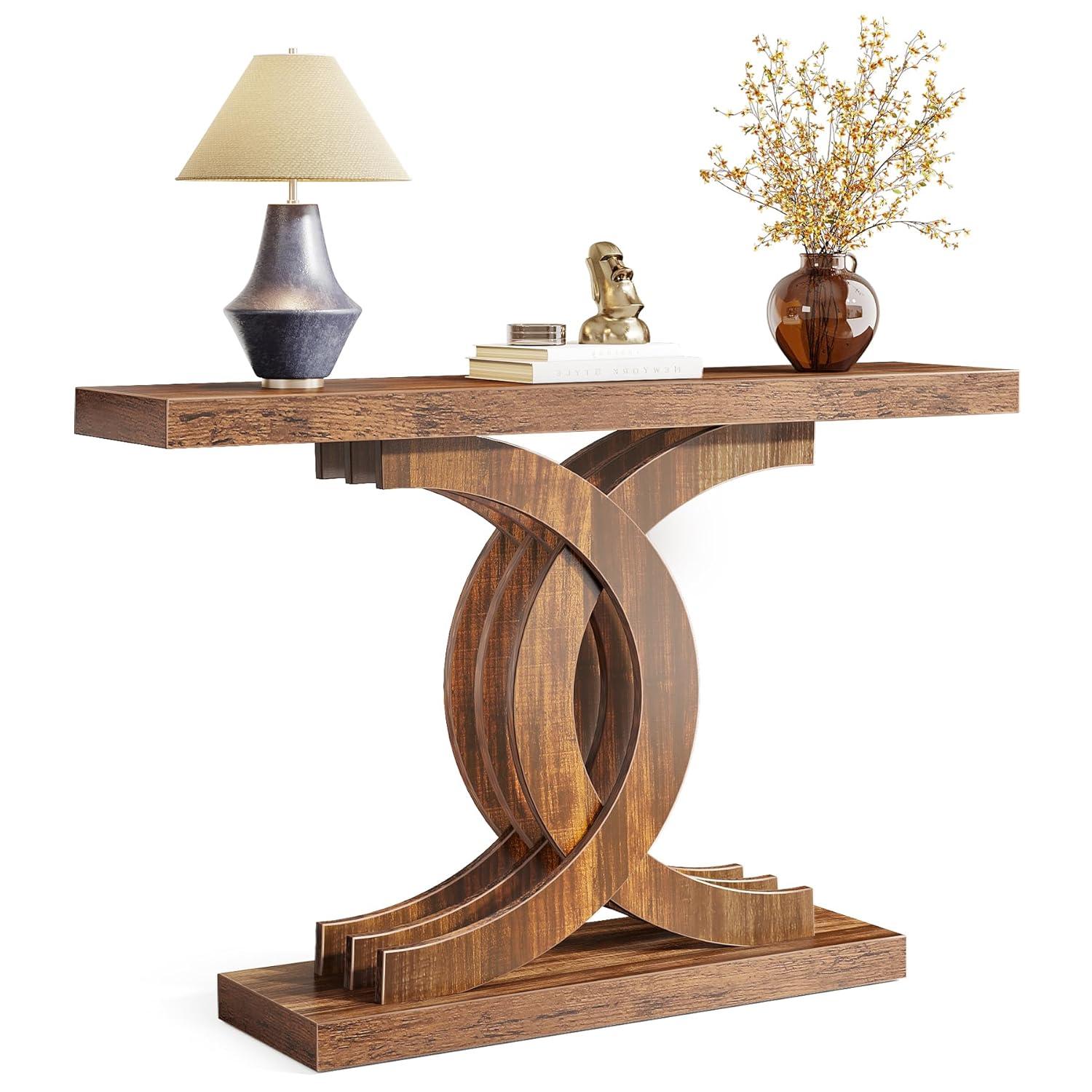Tribesigns Modern 39-inch Console Tables, Farmhouse Entryway Table with Geometric Base, Wooden Narrow Hallway Table/Sofa Table for Living Room, Brown