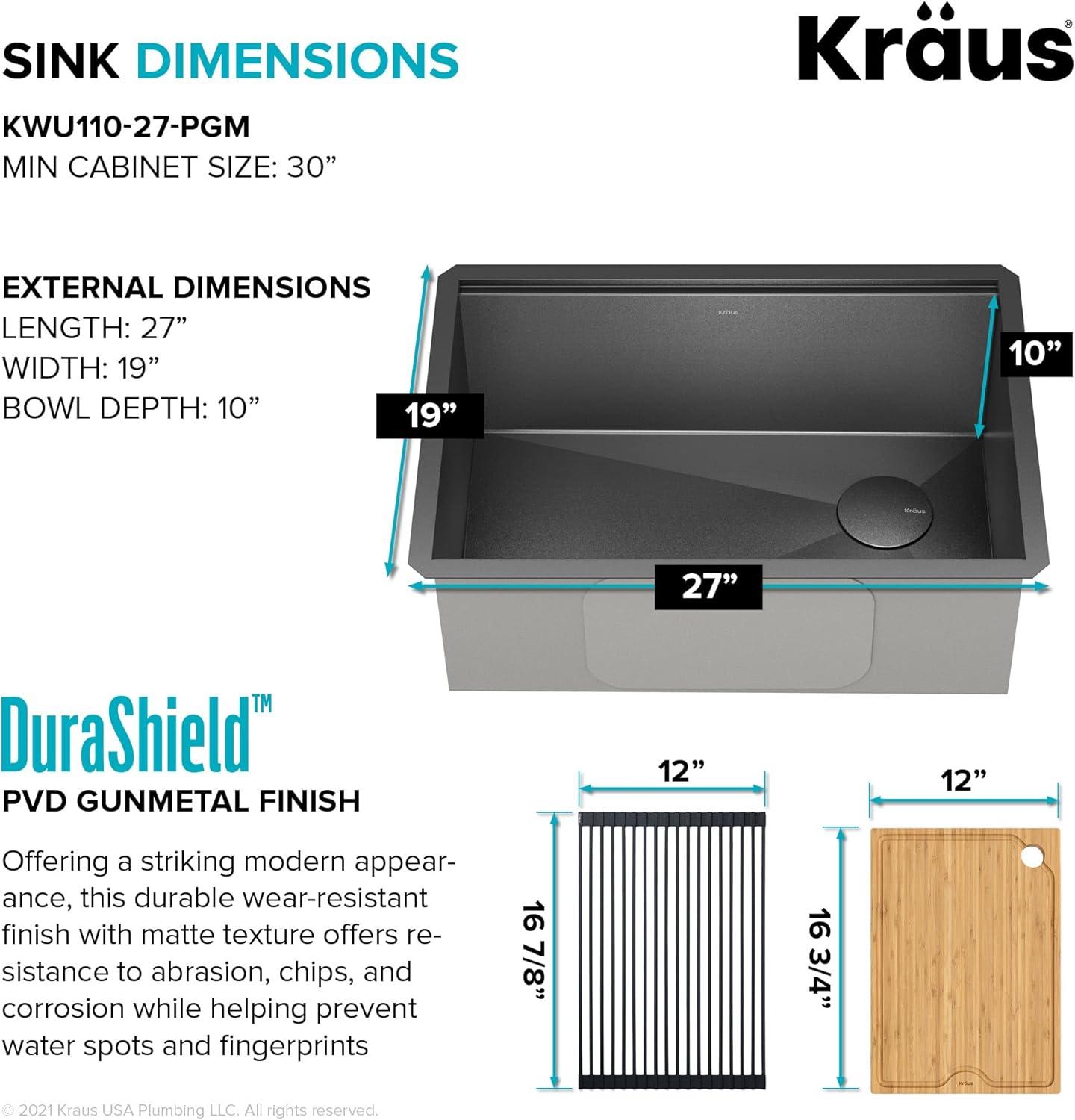 KRAUS Kore™ 27" L Undermount Workstation 16 Gauge Black Stainless Steel Single Bowl Kitchen Sink in PVD Gunmetal Finish