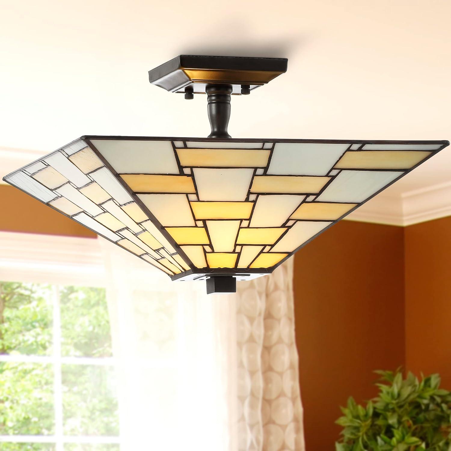 Jason 15.7 in. Tiffany-Style Glass/Metal White/Cream LED Semi-Flush Mount