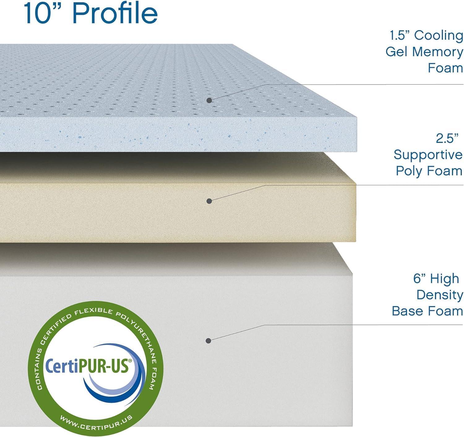 Cool Gel 10" Queen Medium Tight Top Gel Memory Foam Mattress, Grey