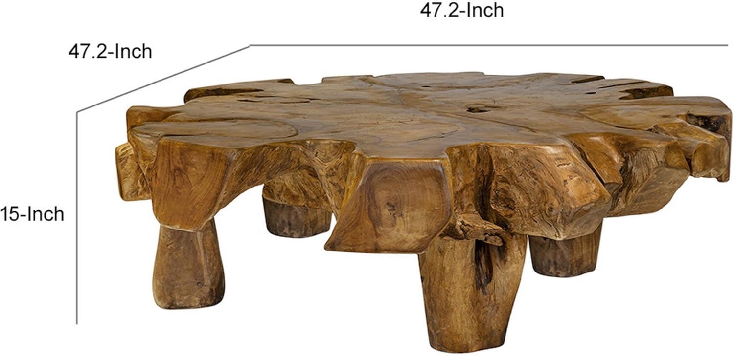 Benjara 47 Inch Coffee Table, Teak Root Frame, Natural Wood Grains, Classic Brown