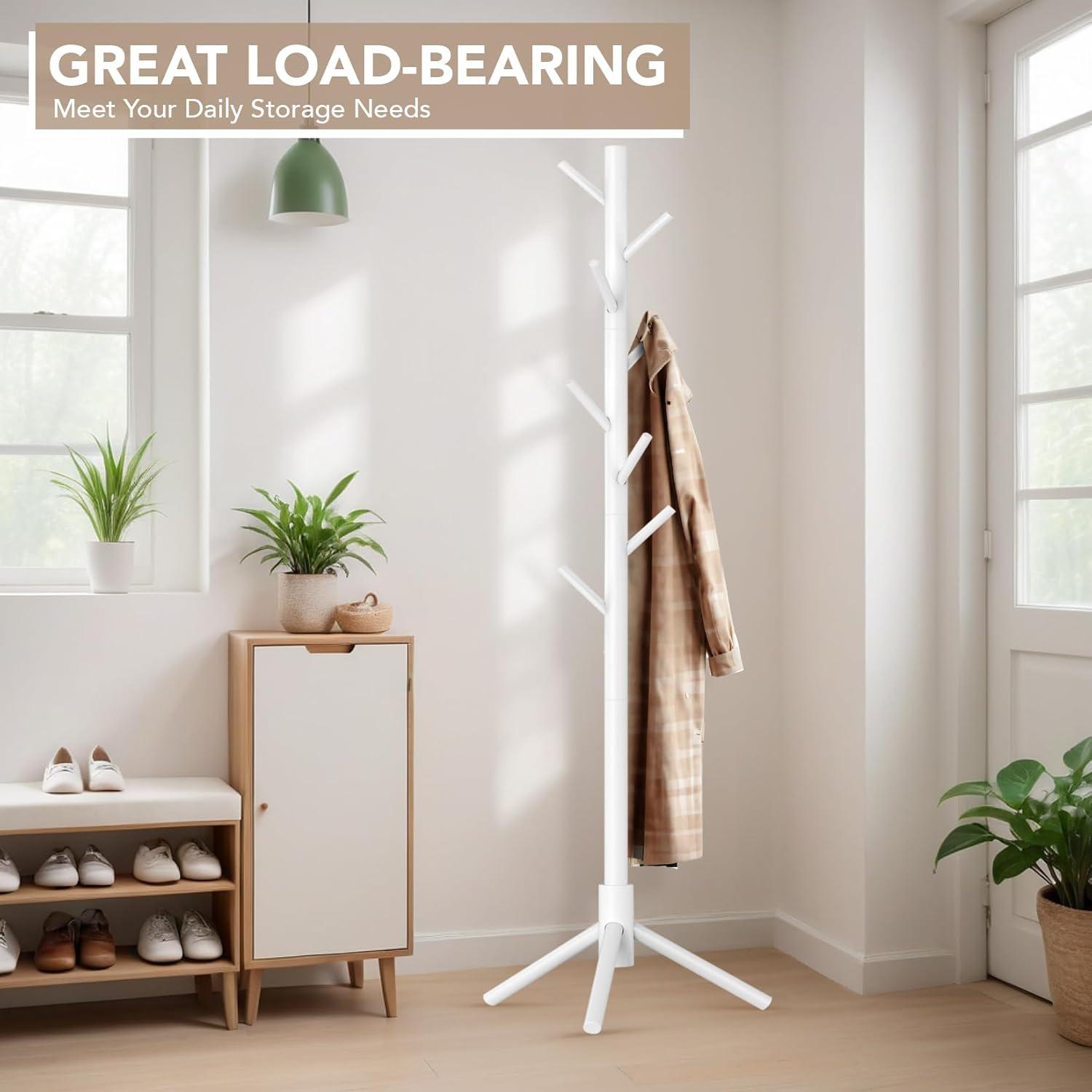 White Adjustable Height Wooden Tree Coat Rack Stand