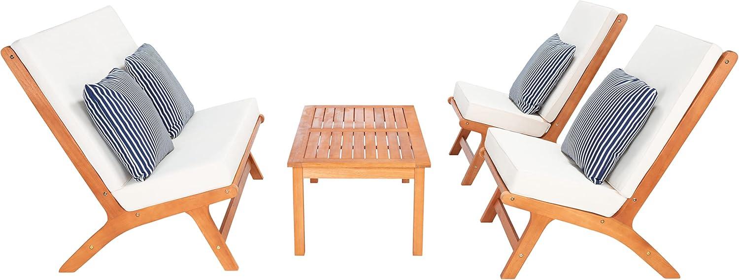 Chaston 4 Piece Living Set - Indoor/Outdoor - PAT7044 - Natural/Beige + Thin Stripe Pillow - Safavieh