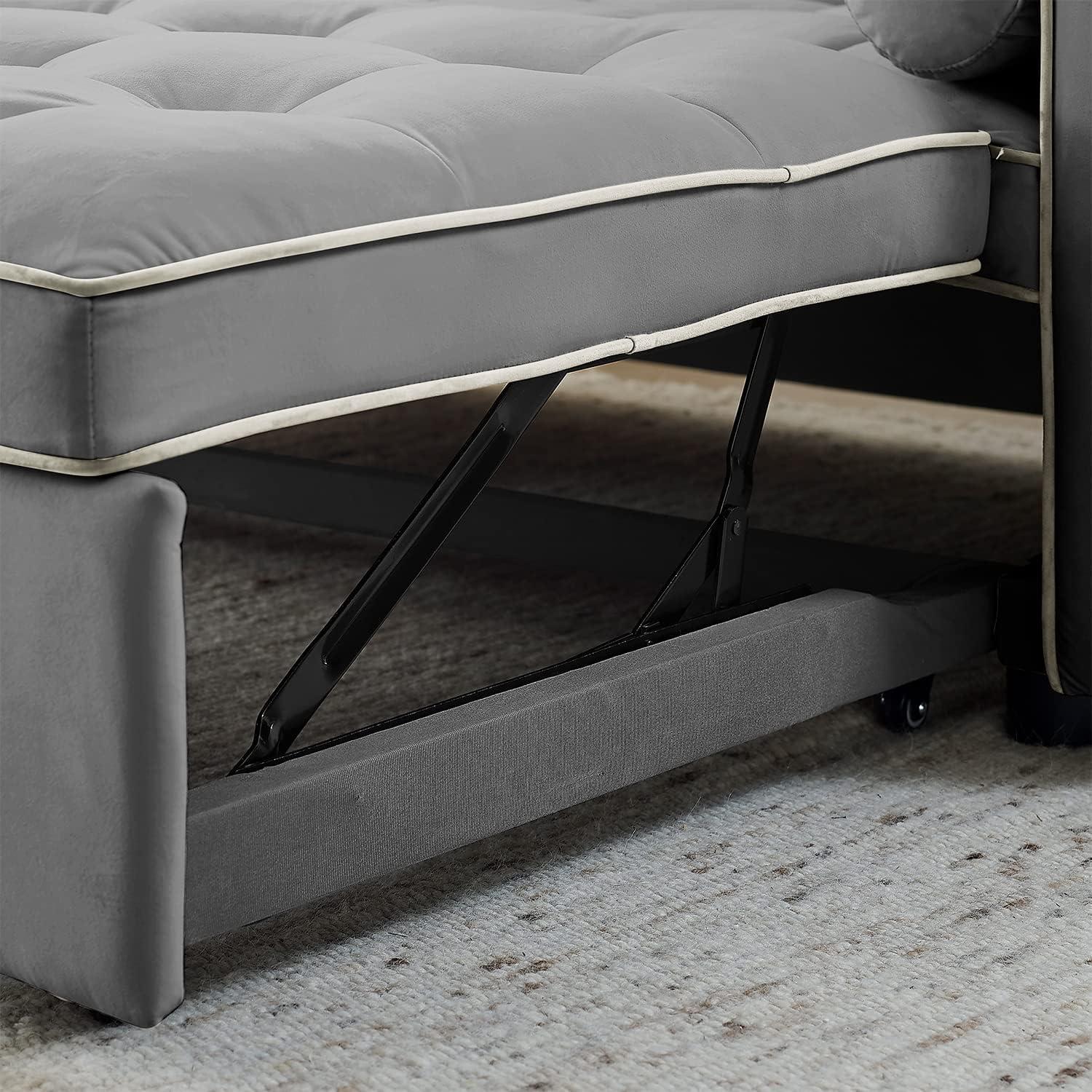 Yeahumalia 3 in 1 Convertible Velvet Loveseat Sleeper Futon Sofa Bed, Pull Out Couch with Side Table for Living Room, Bedroom, Grey
