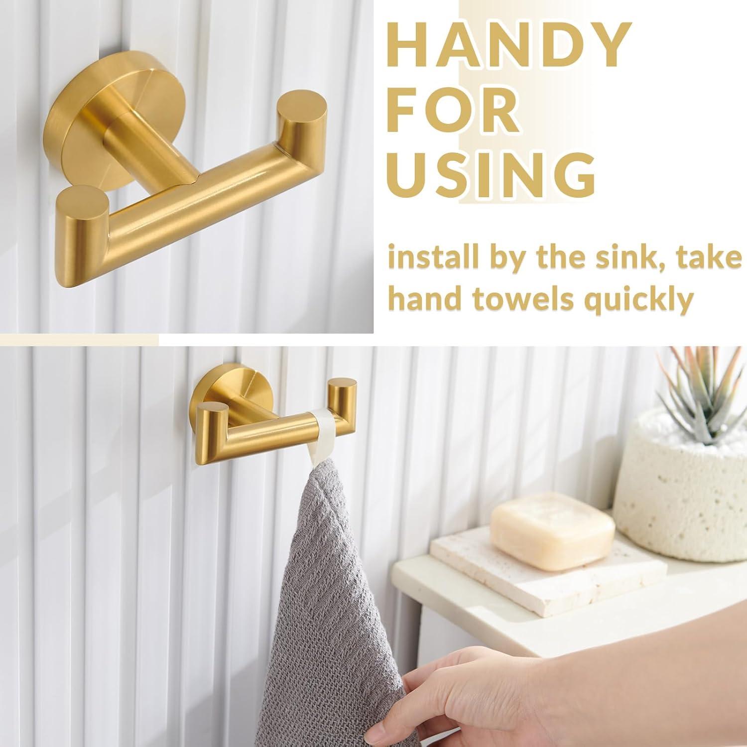 Simple Bathroom Double Hook Brushed Gold, Sus304 Stainless Steel Bath Towel Holder, Double Robe Hanger Wall Mount