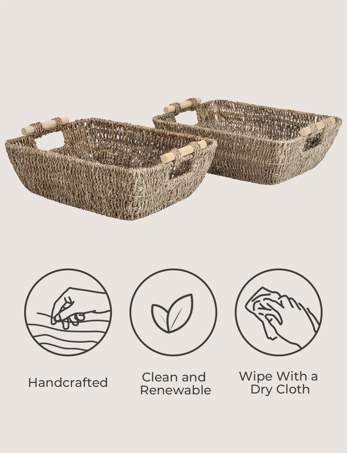 Hand-Woven Natural Seagrass Rectangular Storage Baskets with Wooden Handles