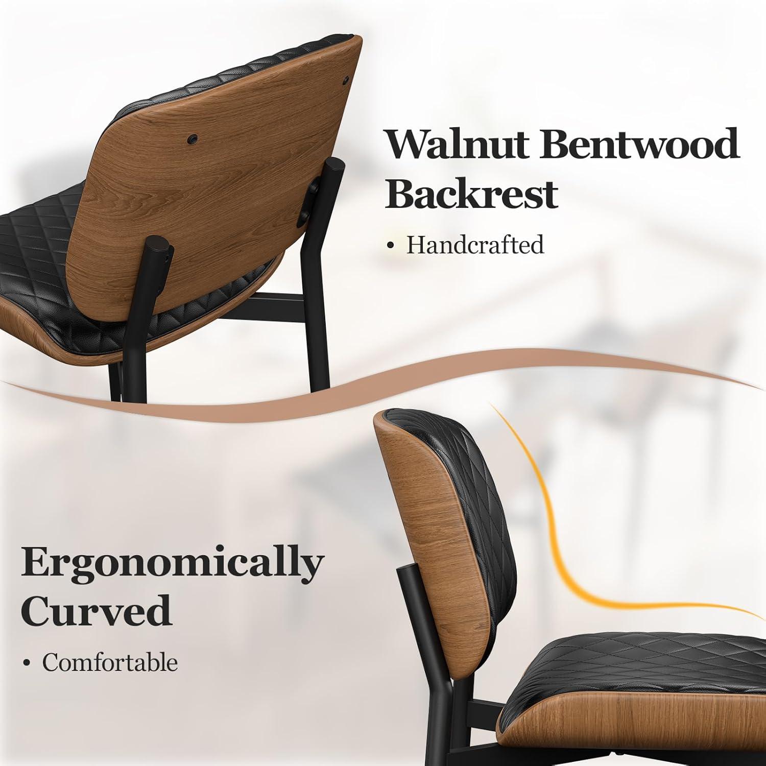 Dining Chairs Set of 2, Mid Century Modern Retro Faux Leather Chair with Walnut Bentwood Back, Upholstered Seat Metal Legs & Adjustable Foot for Kitchen Dining Room Chairs(Black PU)