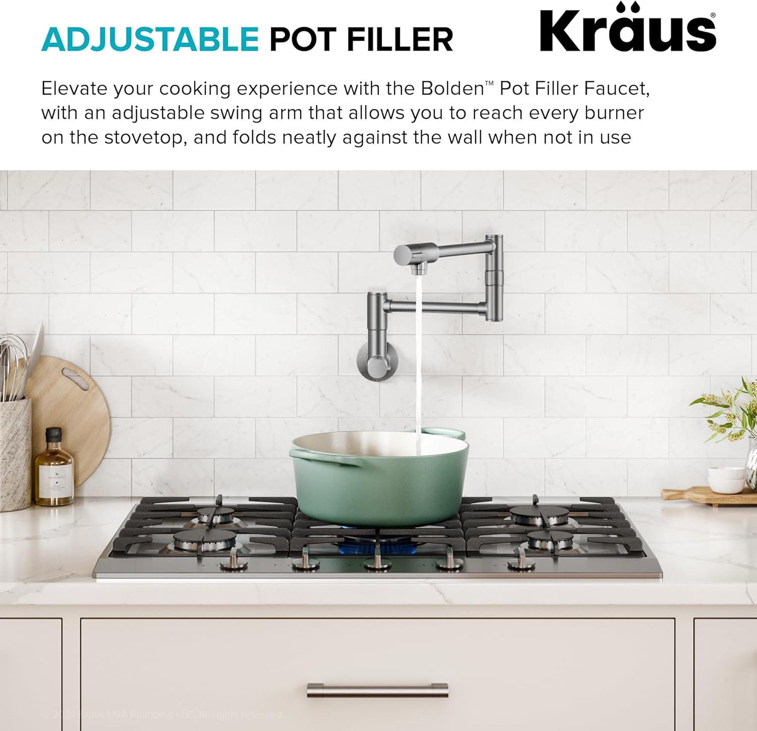 KRAUS Bolden 2 Handle Pot Filler Faucet With Retractable Arm, Wall Mount Kitchen Faucet, Pot Filler For Over Stove, KPF-5003MB