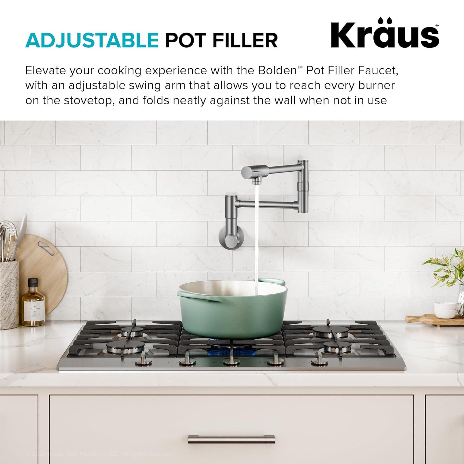 KRAUS Bolden 2 Handle Pot Filler Faucet With Retractable Arm, Wall Mount Kitchen Faucet, Pot Filler For Over Stove