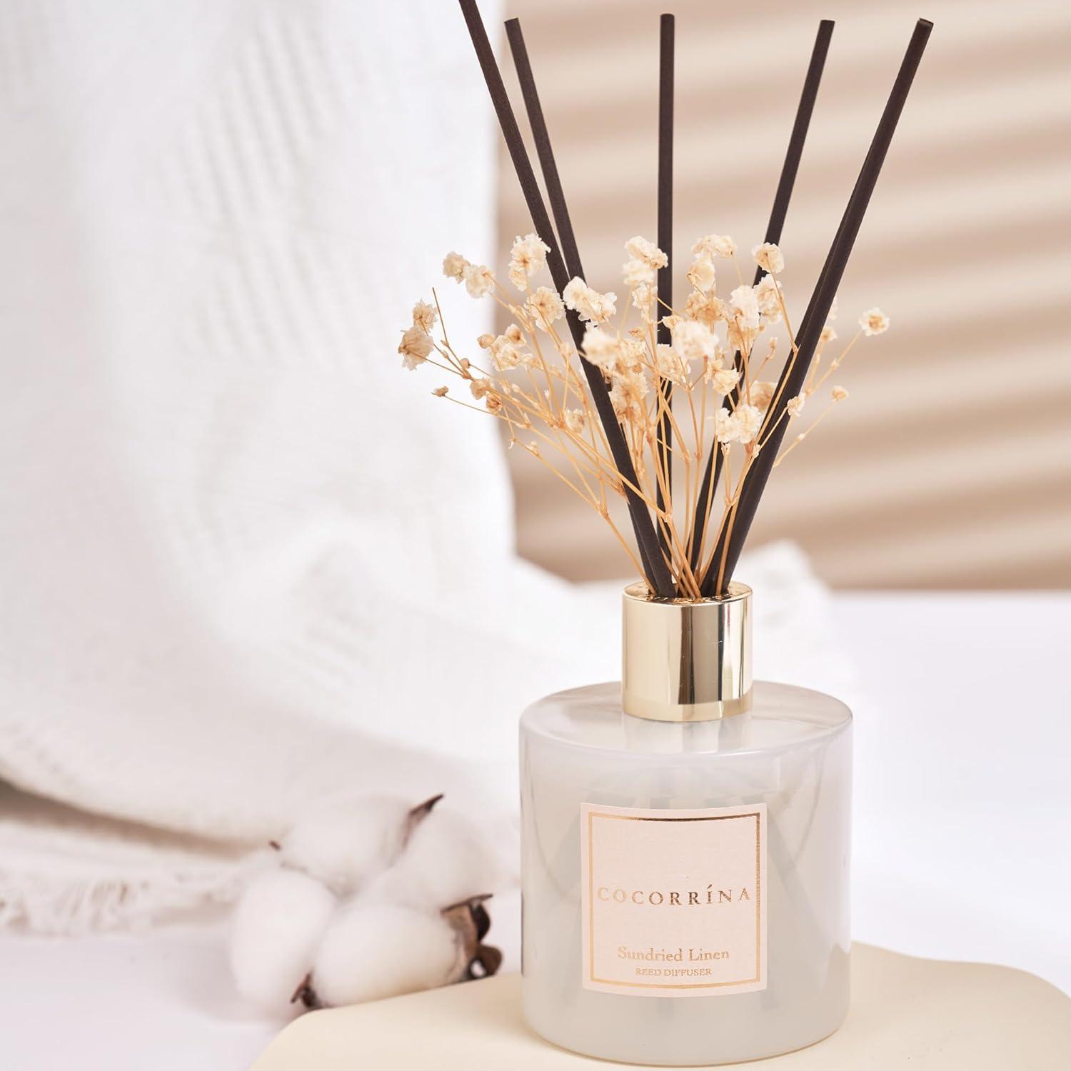 Cocorrína Reed Diffuser - Sundried Linen Scented Diffuser with 8 Sticks Home Fragrance Reed Diffuser for Bathroom Shelf Decor