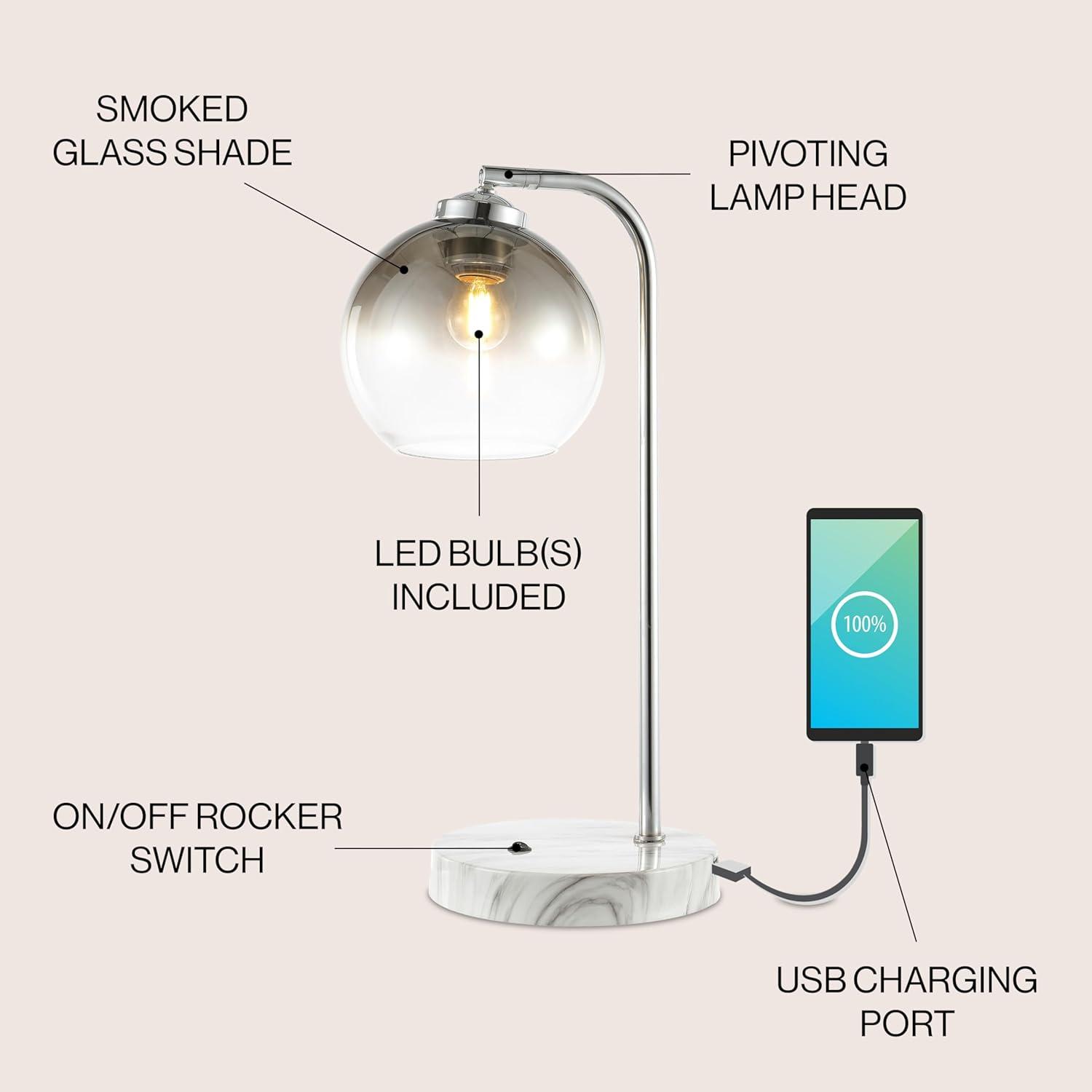 Ada 20" Industrial Contemporary Iron/Glass LED Task Lamp with USB Charging Port, Chrome/Smoke Gray