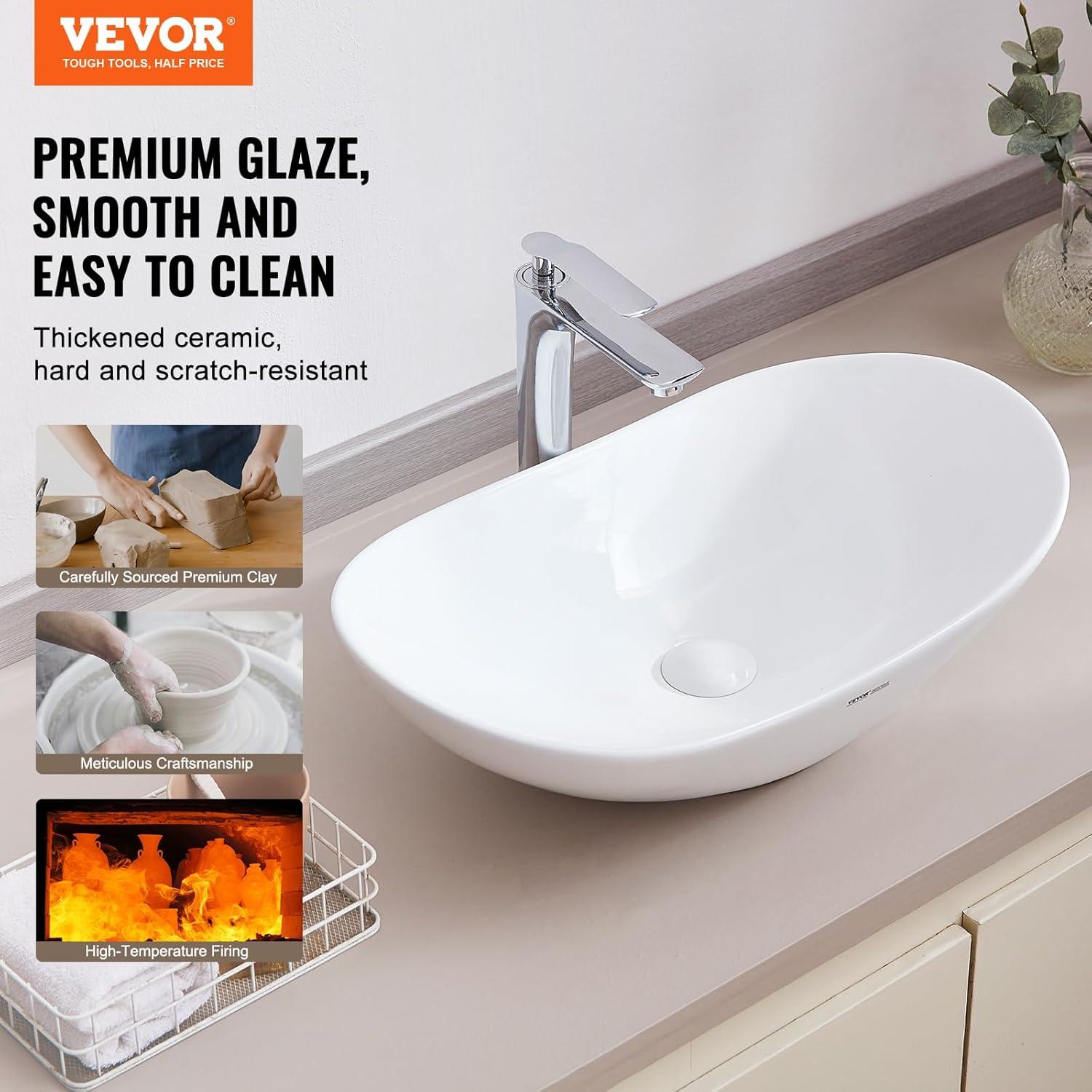 White Oval Ceramic Above-Counter Vessel Sink with Drain