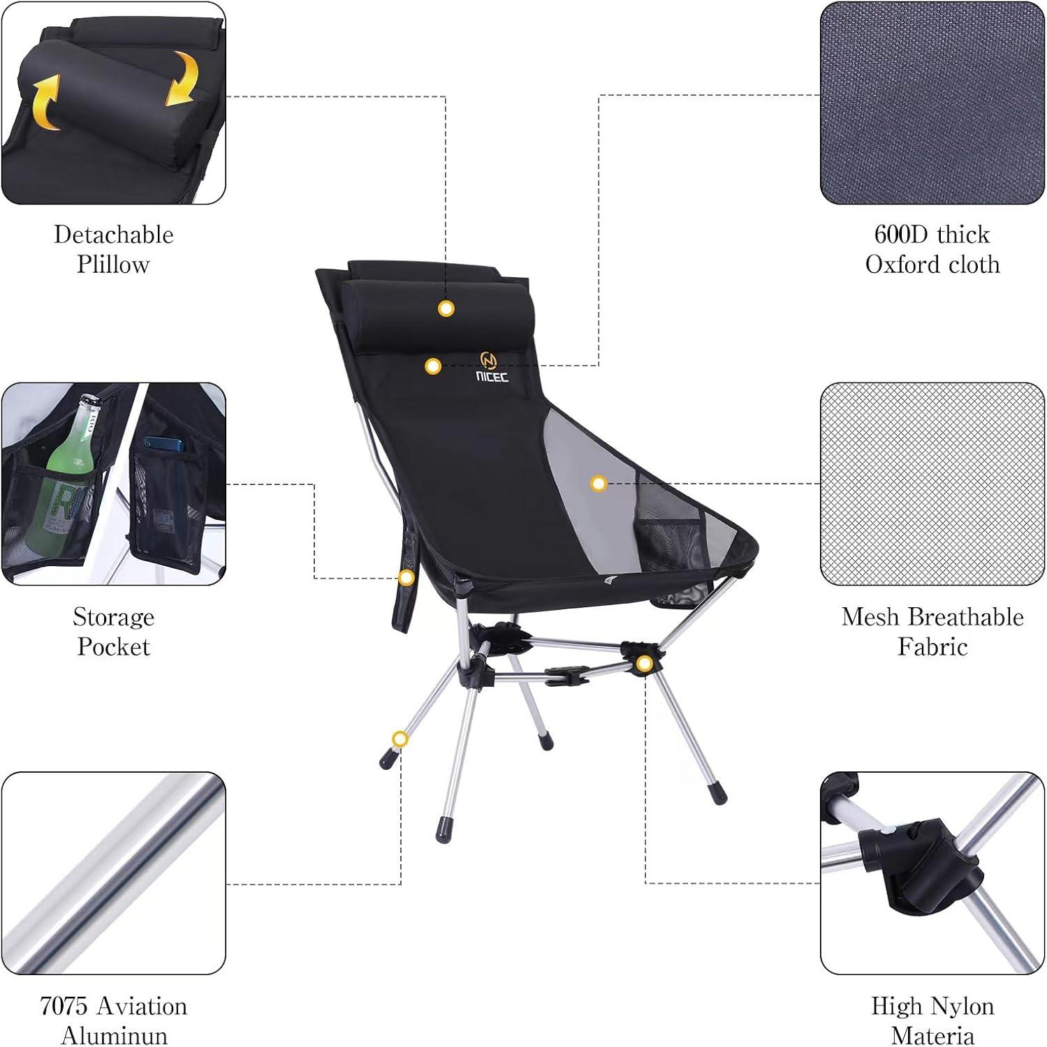Nice C Ultralight High Back Folding Camping Chair, Backpacking Chair, Compact & Heavy Duty Outdoor, Travel, Picnic, Festival with 2 Side Pockets, Pillow &Carry Bag (Set of 1 Black)