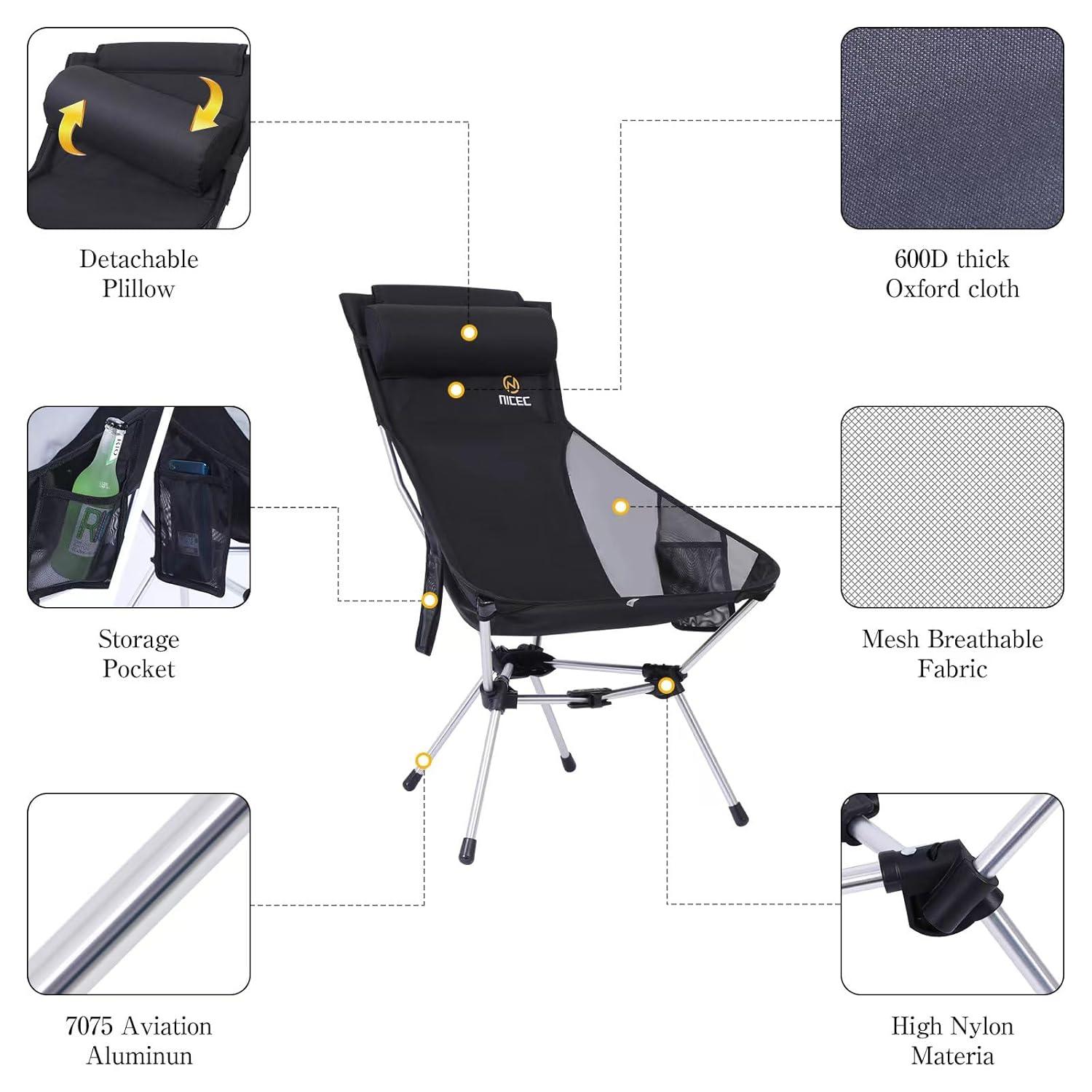 Nice C Ultralight High Back Folding Camping Chair, Backpacking Chair, Compact & Heavy Duty Outdoor, Travel, Picnic, Festival with 2 Side Pockets, Pillow &Carry Bag (Set of 1 Black)